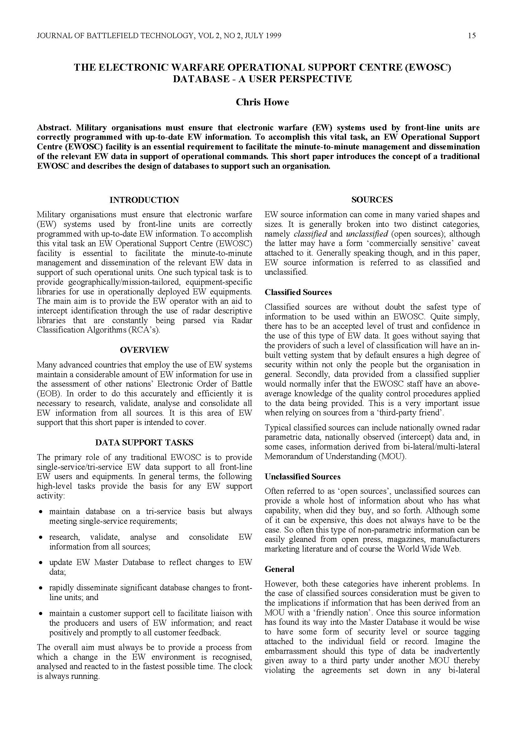 The Electronic Warfare Operation Support Centre (EWOSC) Database - A User Perspective
