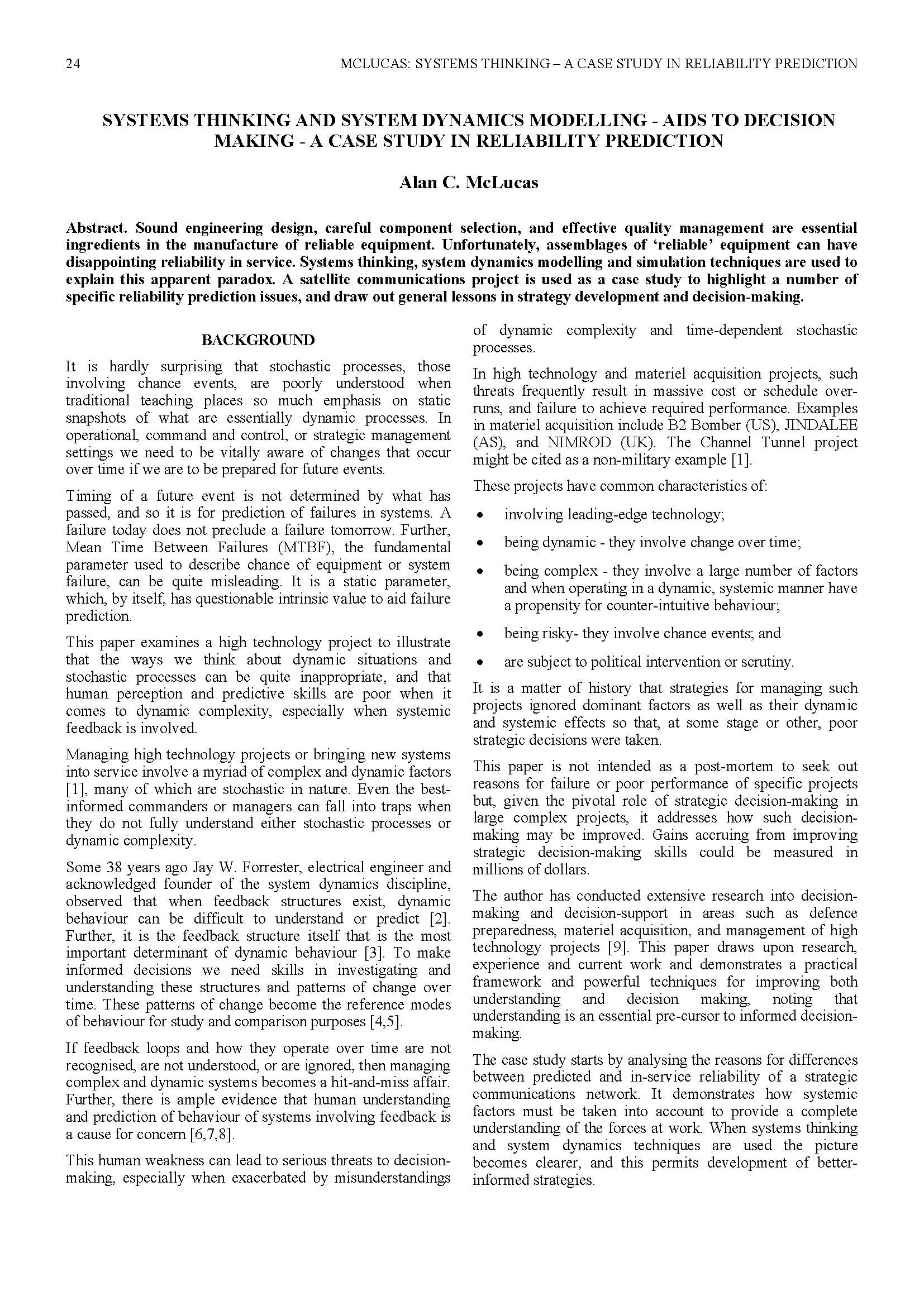 Systems Thinking and System Dynamics Modelling: Aids to Decision Making - A Case Study in Reliability Prediction