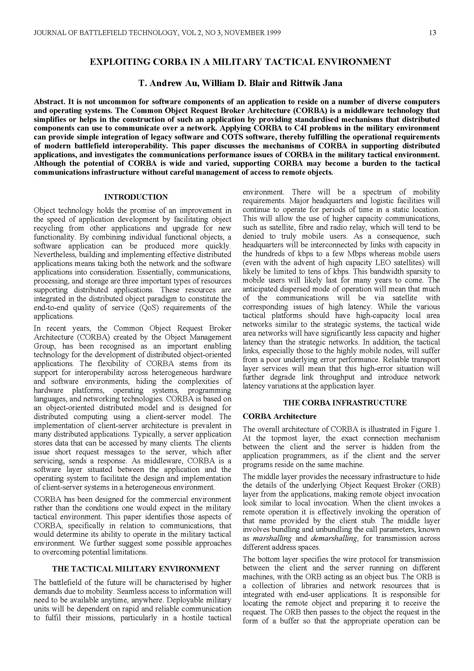 Exploiting CORBA in a Military Tactical Environment