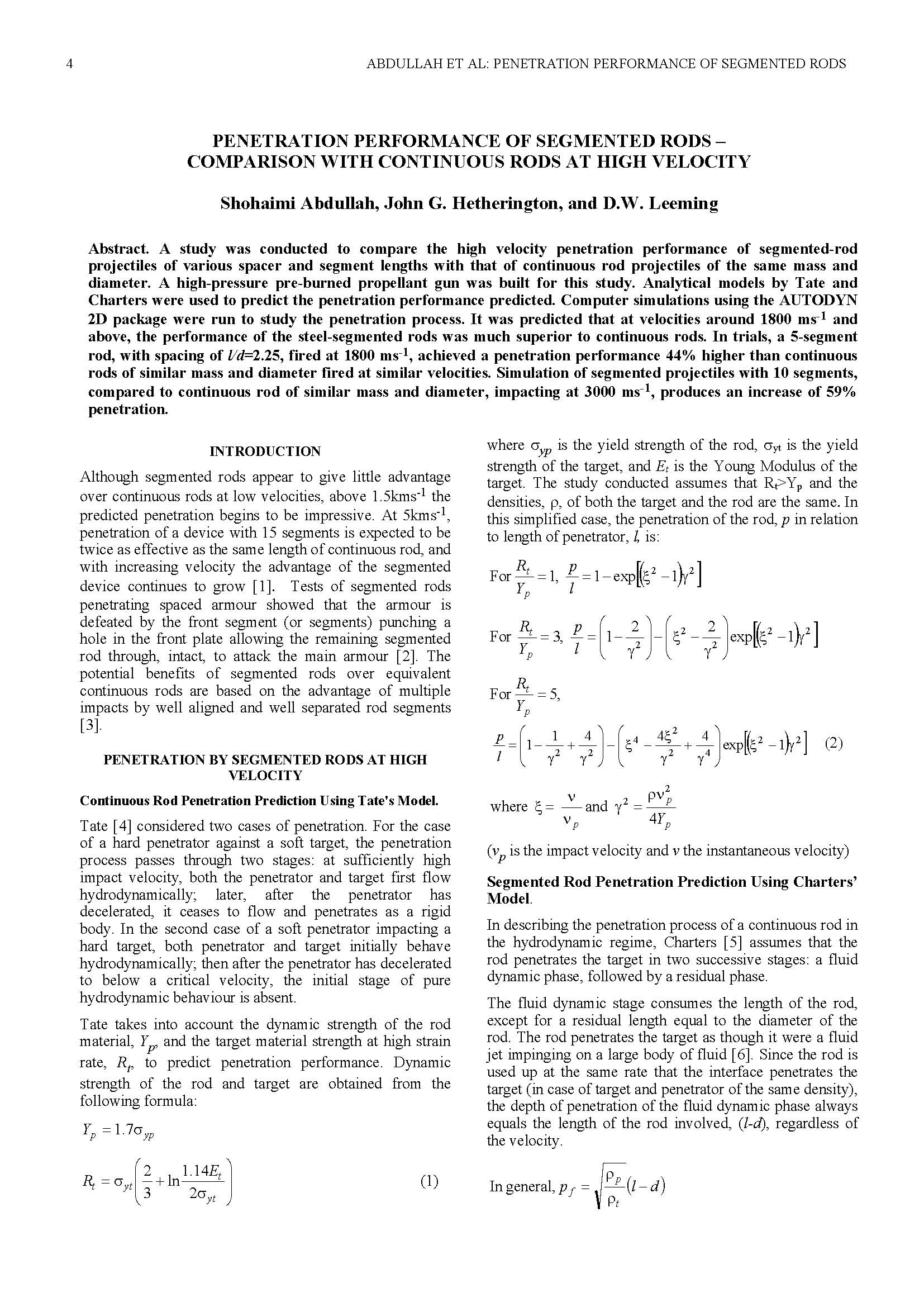 Penetration Performance of Segmented Rods - Comparison With Continuous Rods at High Velocity