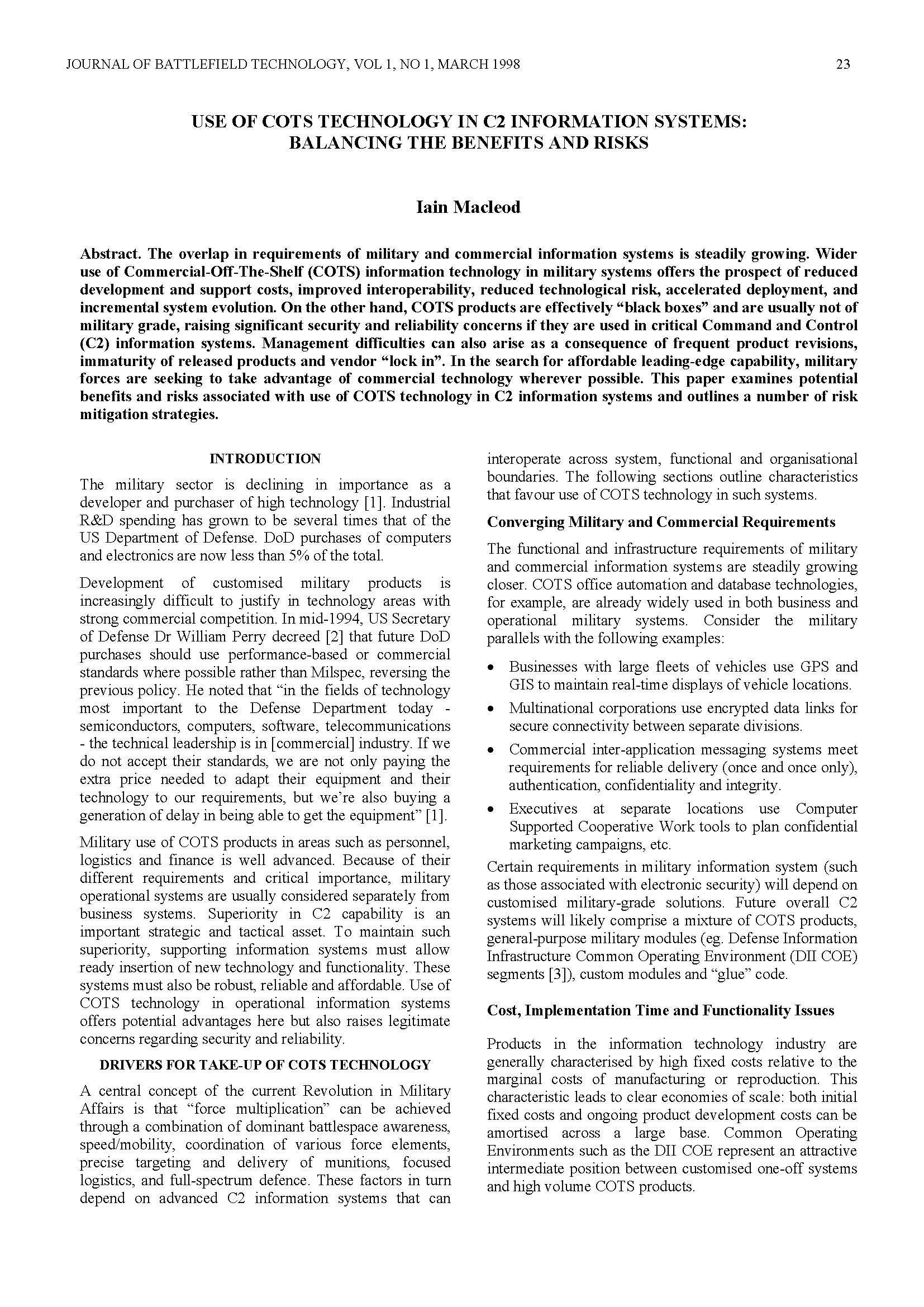 Use of COTS Technology in C2 Information Systems: Balancing the Benefits and Risks