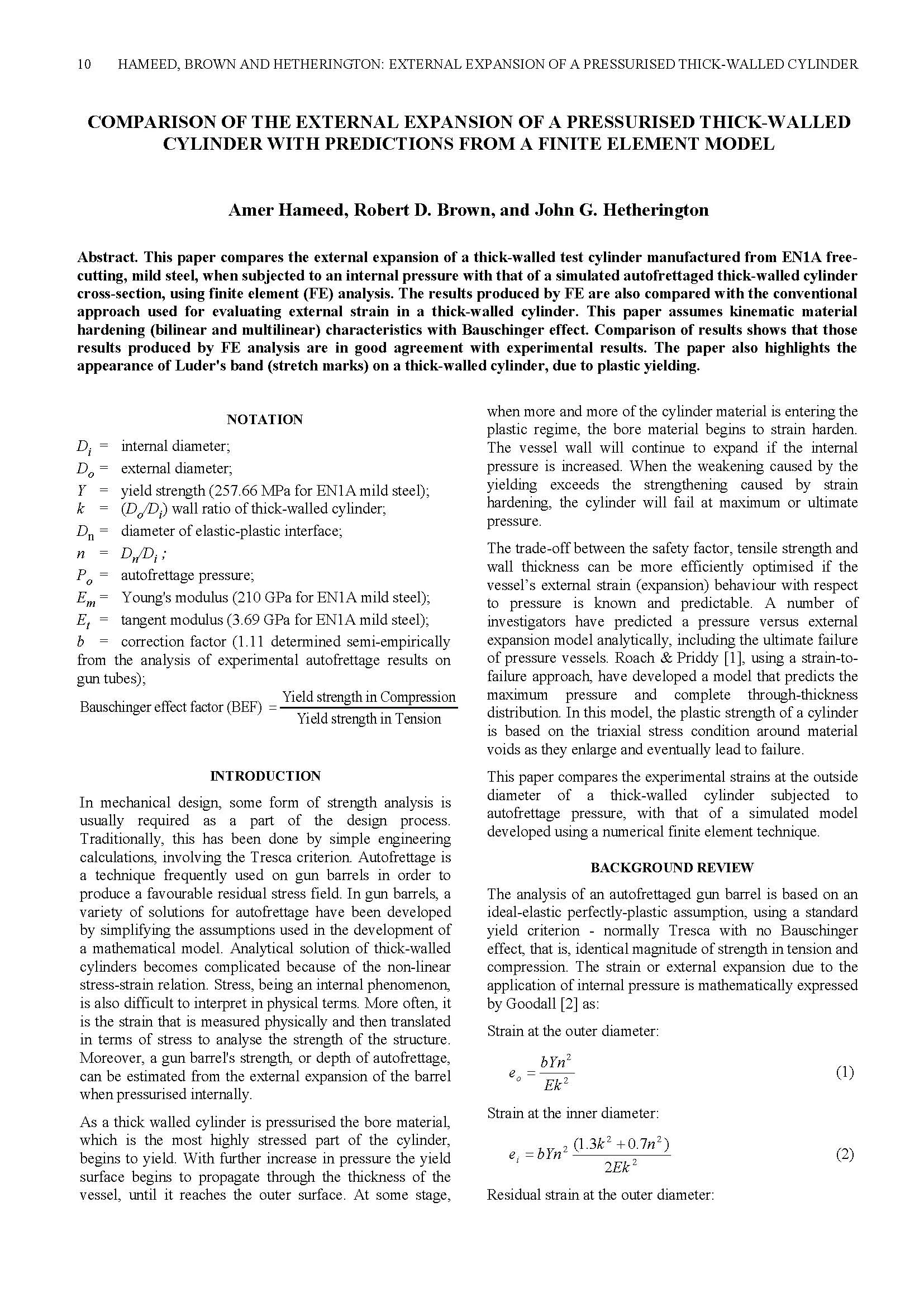 Comparison of the External Expansion of a Pressurised Thick-walled Cylinder with Predictions from a Finite Element Model