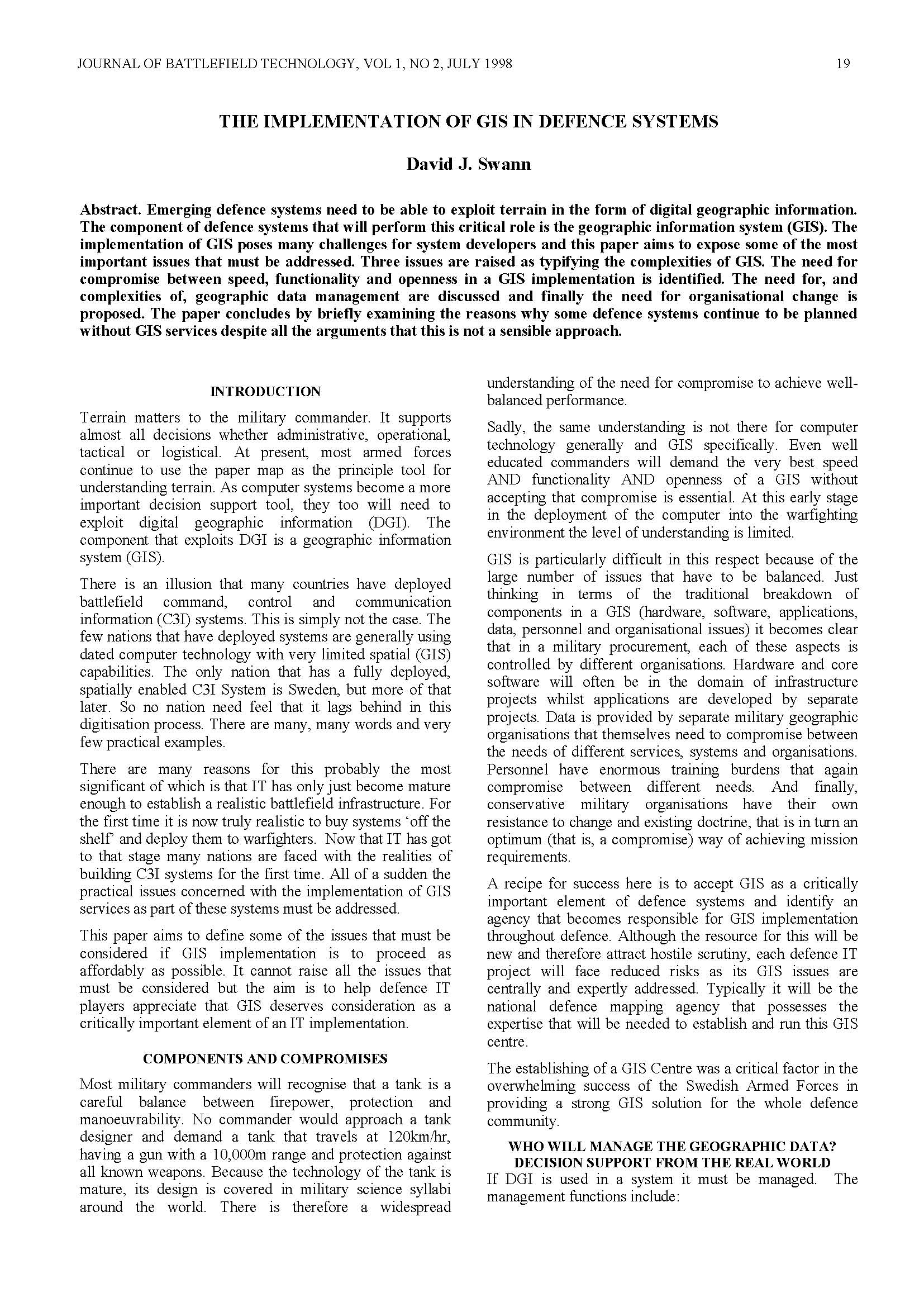 The Implementation of GIS in Defence Systems