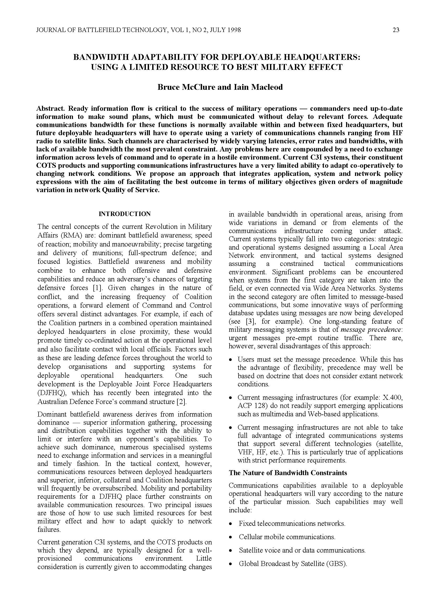 Bandwidth Adaptability for Deployable Headquarters: Using A Limited Resourse to Best Military Effect