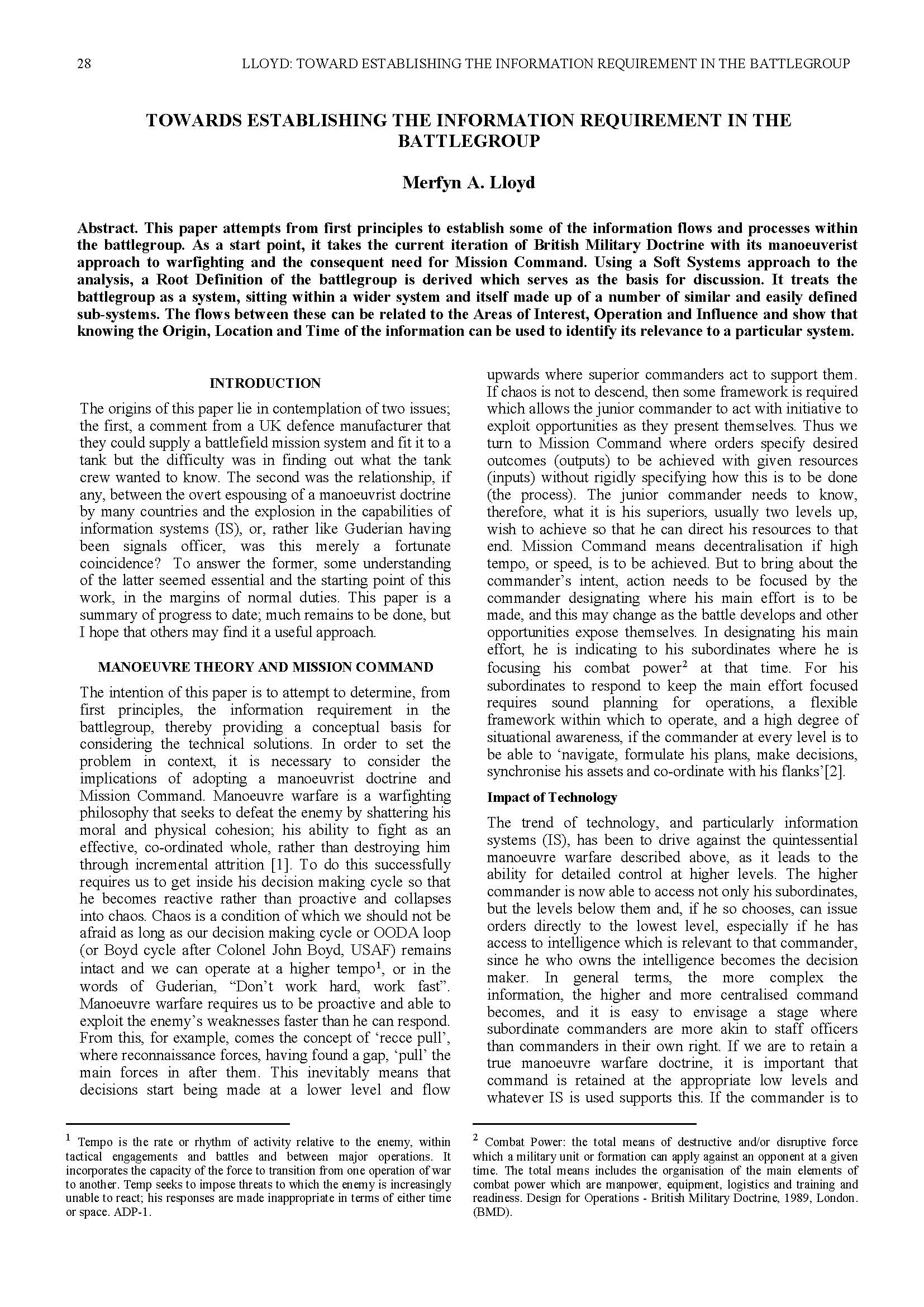 Towards Establishing the Information Requirement in the Battlegroup