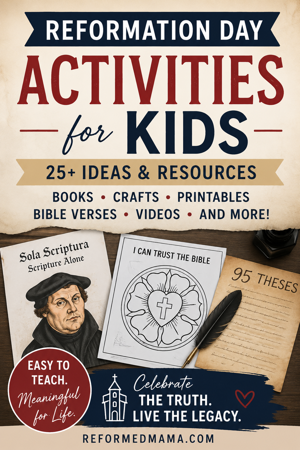 Looking for Reformation Day activities for kids? This collection includes Reformation Day books, Bible verses, Five Solas activities, Martin Luther resources, crafts, videos, homeschool ideas, and more. Whether you're planning a full Reformation Day celebration or simply want to spend an afternoon teaching your children about the Protestant Reformation, you'll find plenty of easy, meaningful ideas here.
