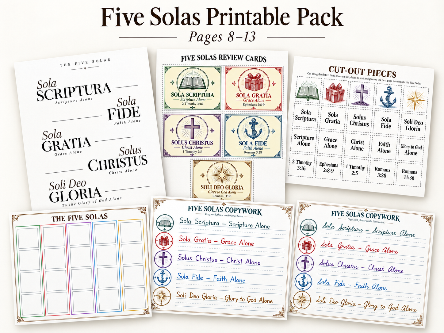 Five Solas review cards copywork and activity pages