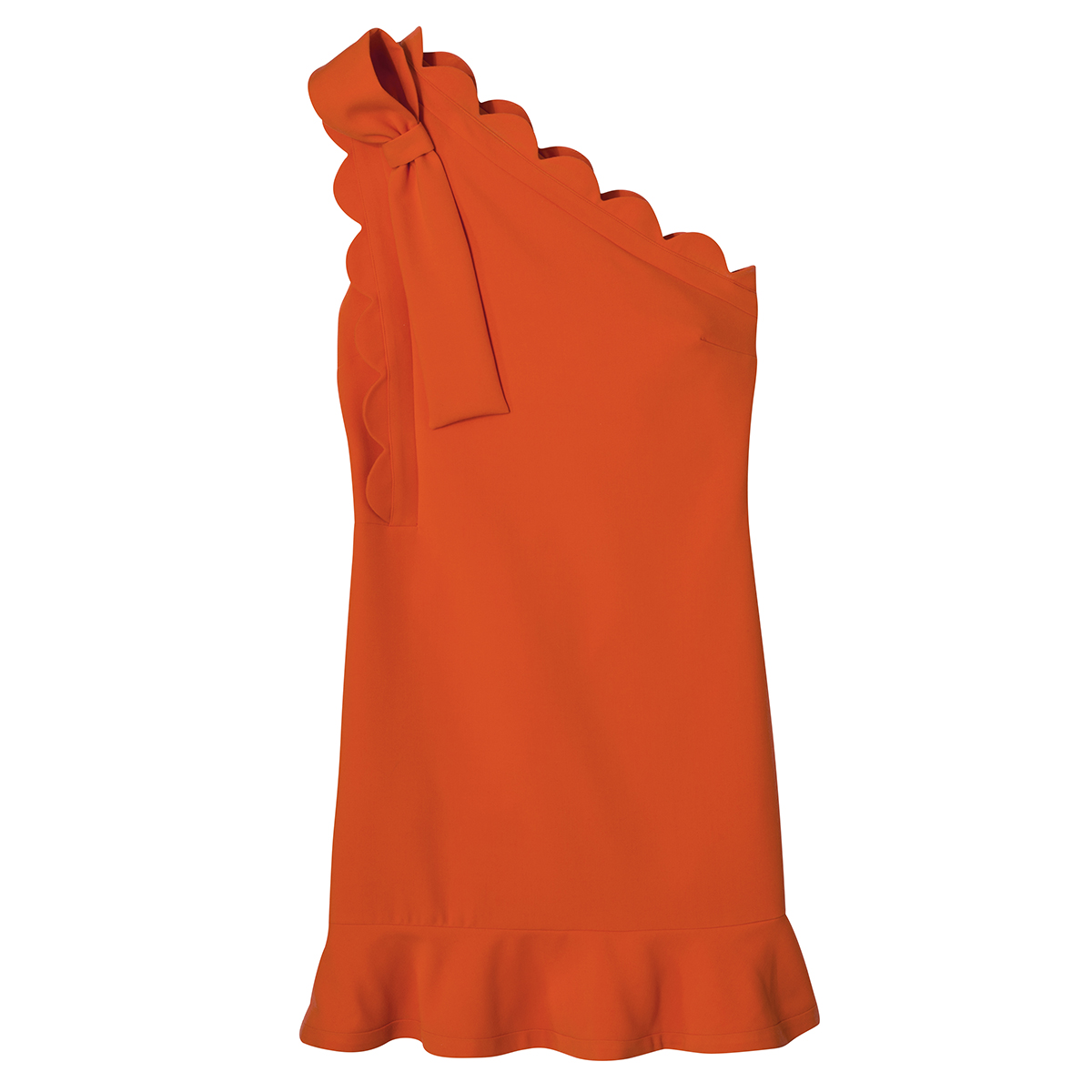 Orange One-Shoulder Dress with Bow and Scallop Trim, $40