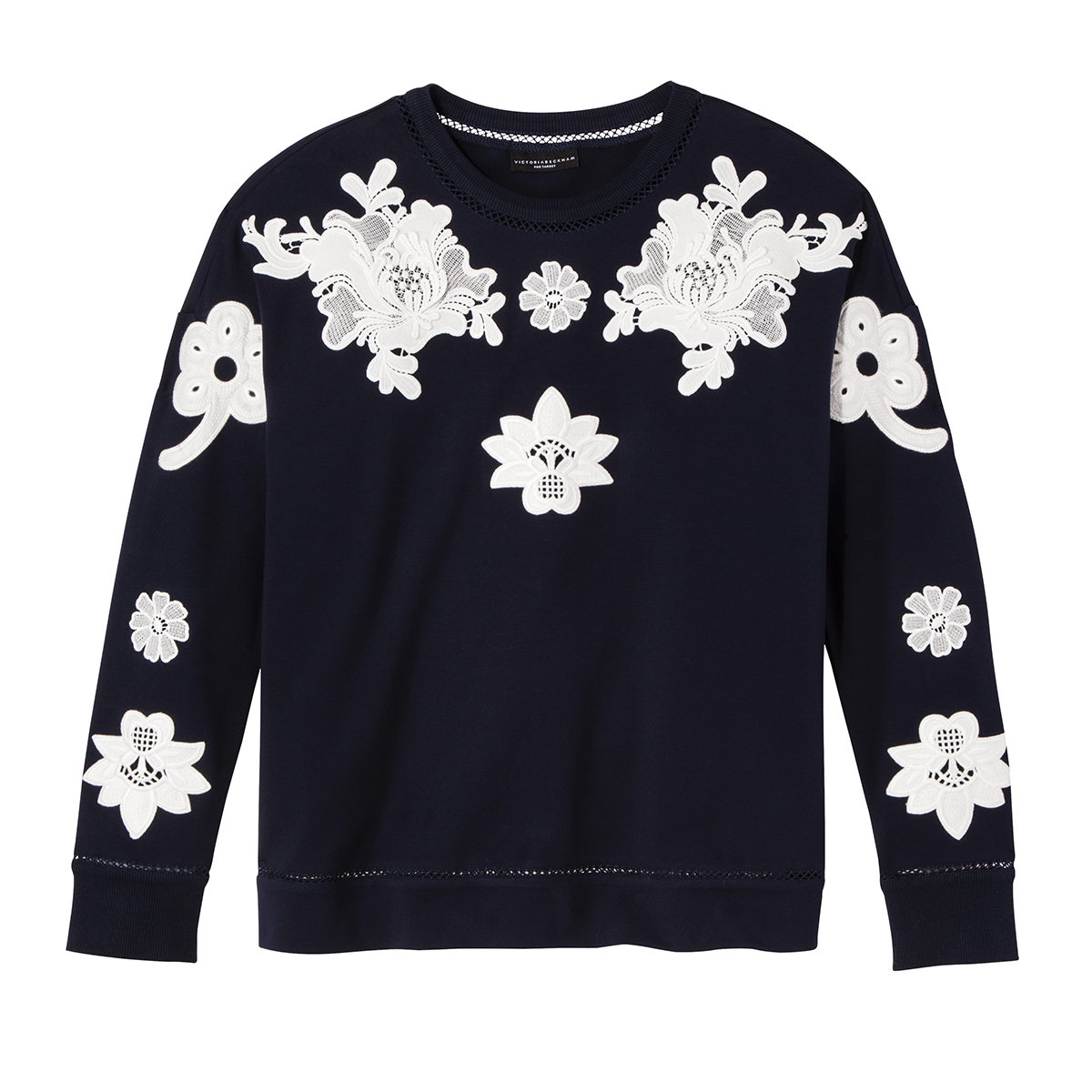 Navy and White Floral Lace Appliqué Top, $30
