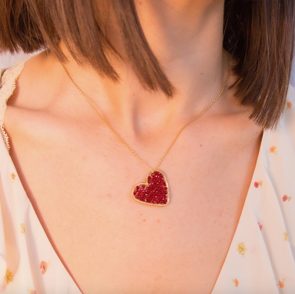 Gold Love Drop Necklace in Garnet, $135