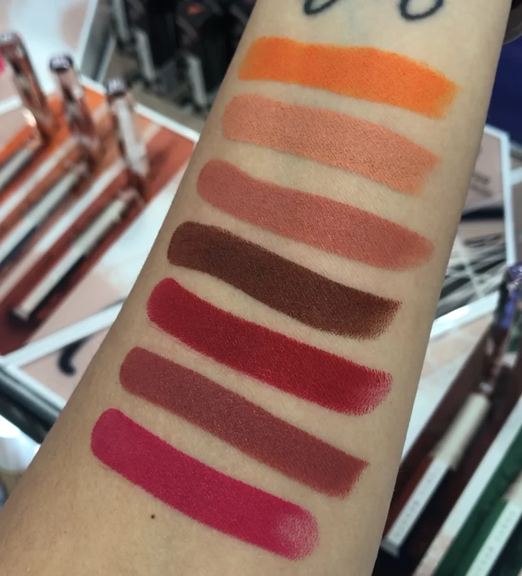 Fenty Beauty Mattemoiselle Lipsticks swatches 1. Saw C 2. Up to No Good 3. S1ngle 4. Shawty 5. Madam 6. Spanked 7. Candy Venom