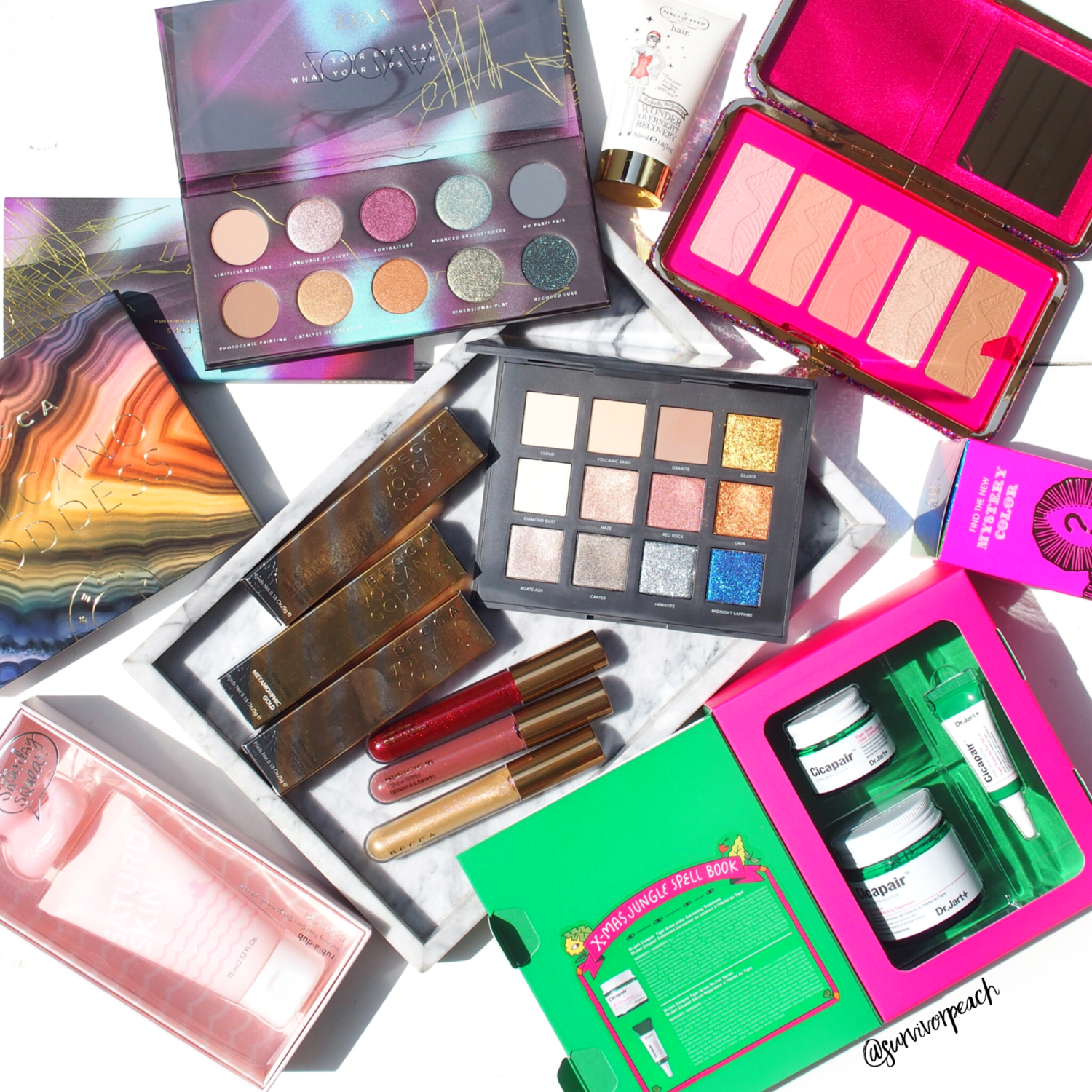 Holiday 2019 items: Tarte Blush palette + Glitter Clutch, Dr.Jart Cicapair set, Saturday Skin Squeak