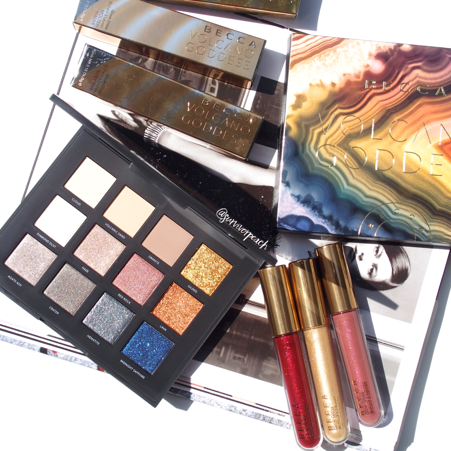 Becca Volcanic Goddess Eye Palette &amp; Glow Glosses swatches 