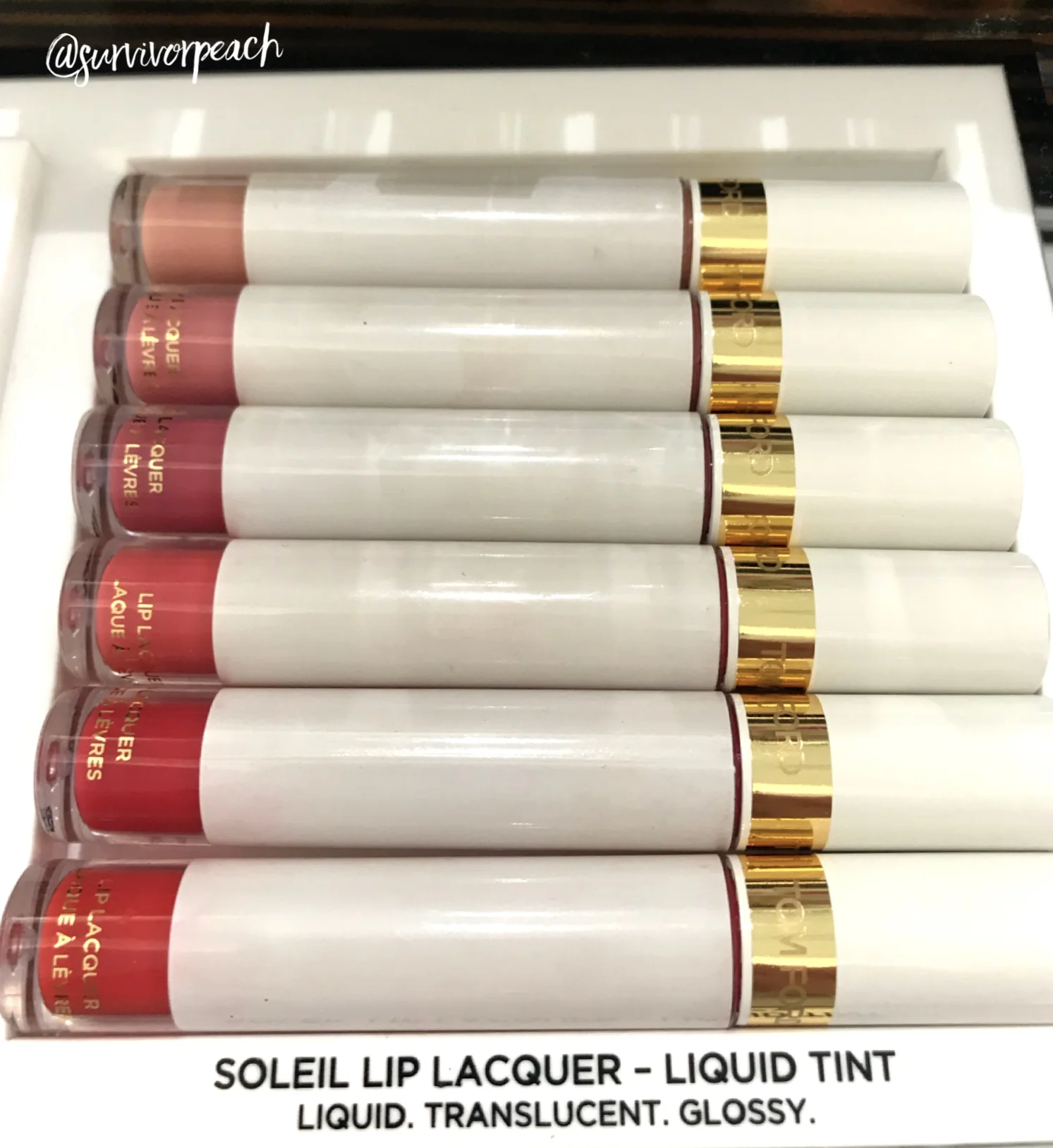 Tom Ford Soleil Lip Lacquer Liquid Tint swatches of all shades + Universal Appeal review 