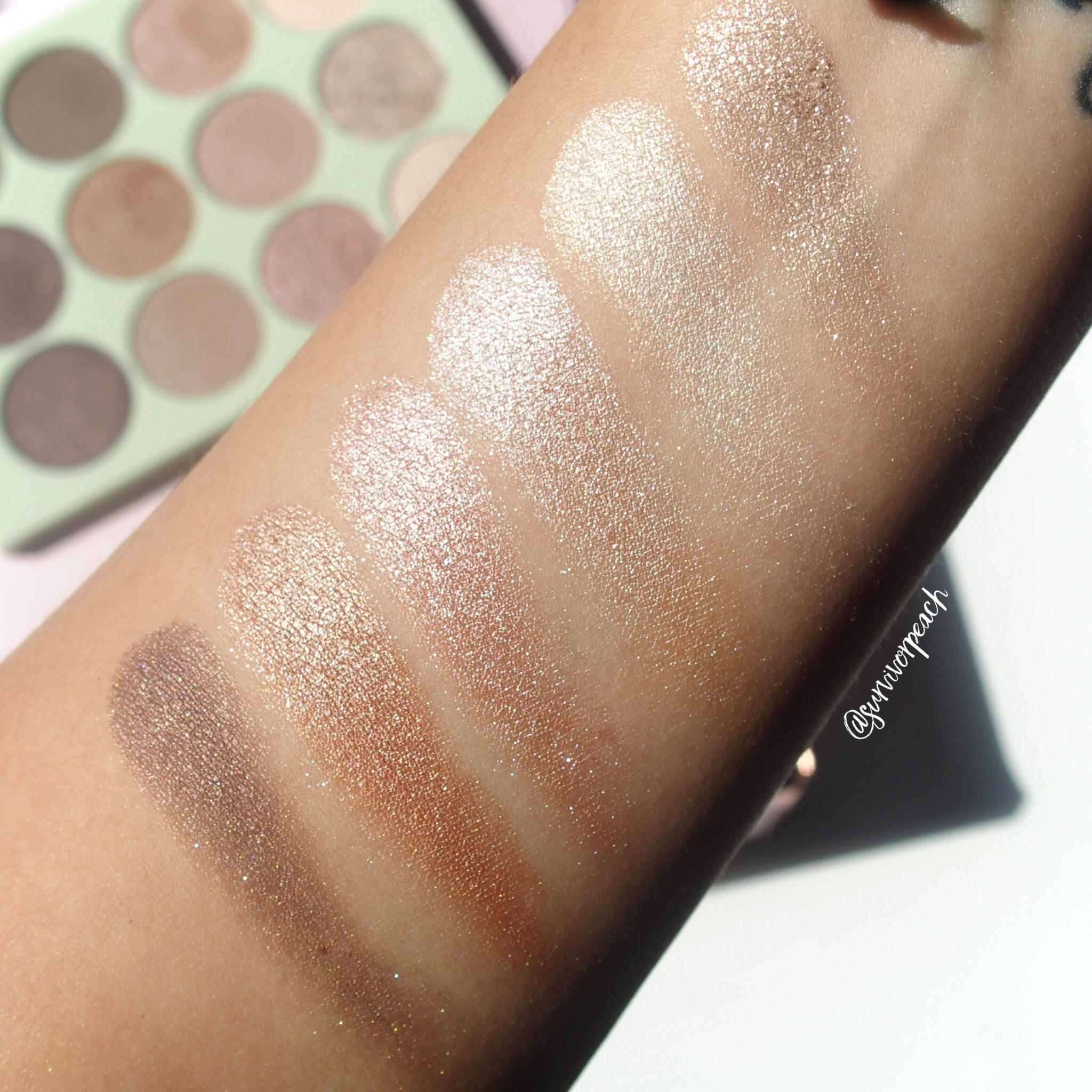 Swatches of the Pixi by Petra Eye Reflections Shadow palettes - Natural Beauty (shimmer shades)