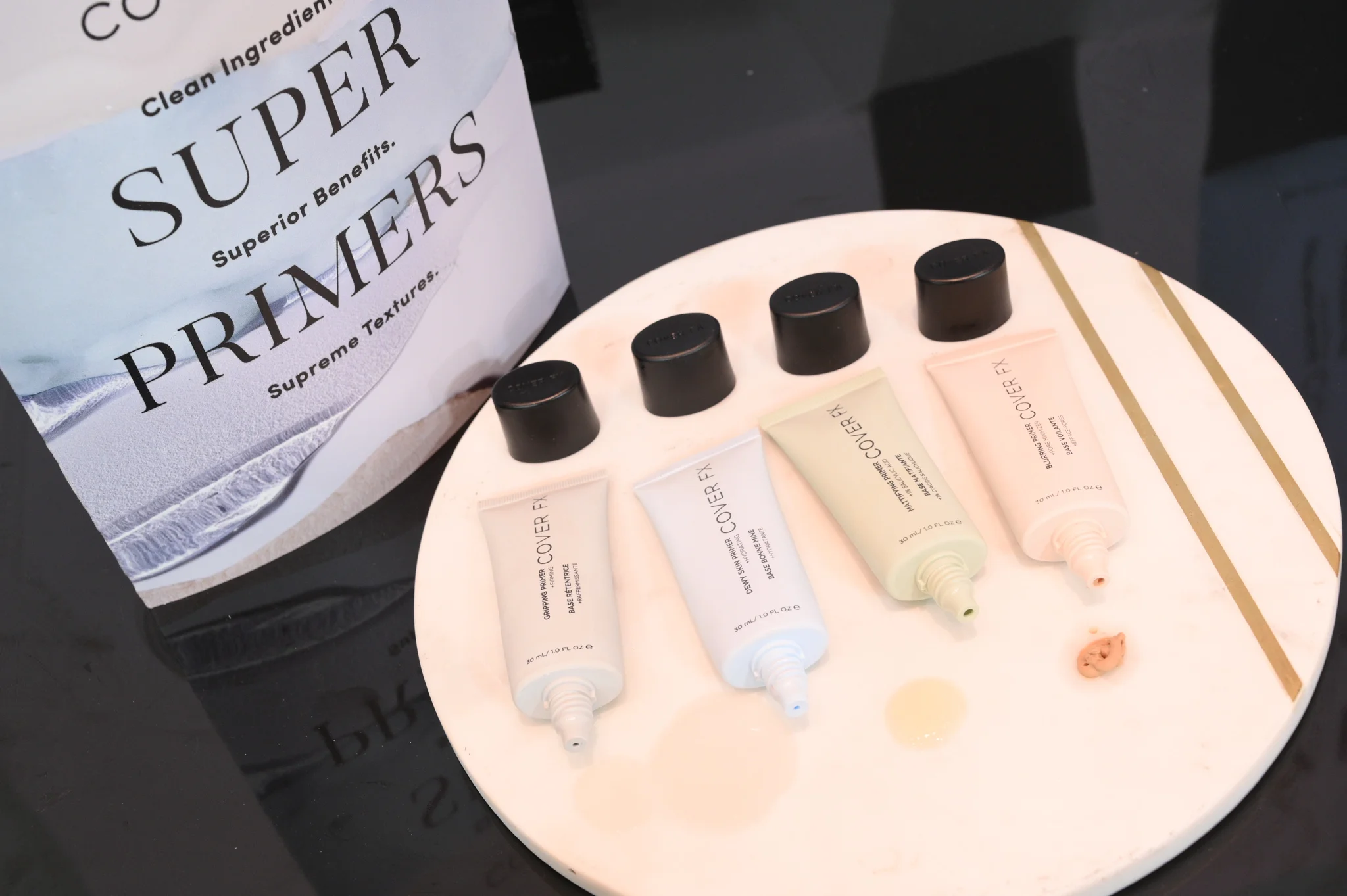 Cover FX Gripping Primer, Blurring Primer, Mattifying Primer, and Dewy Skin Primer.