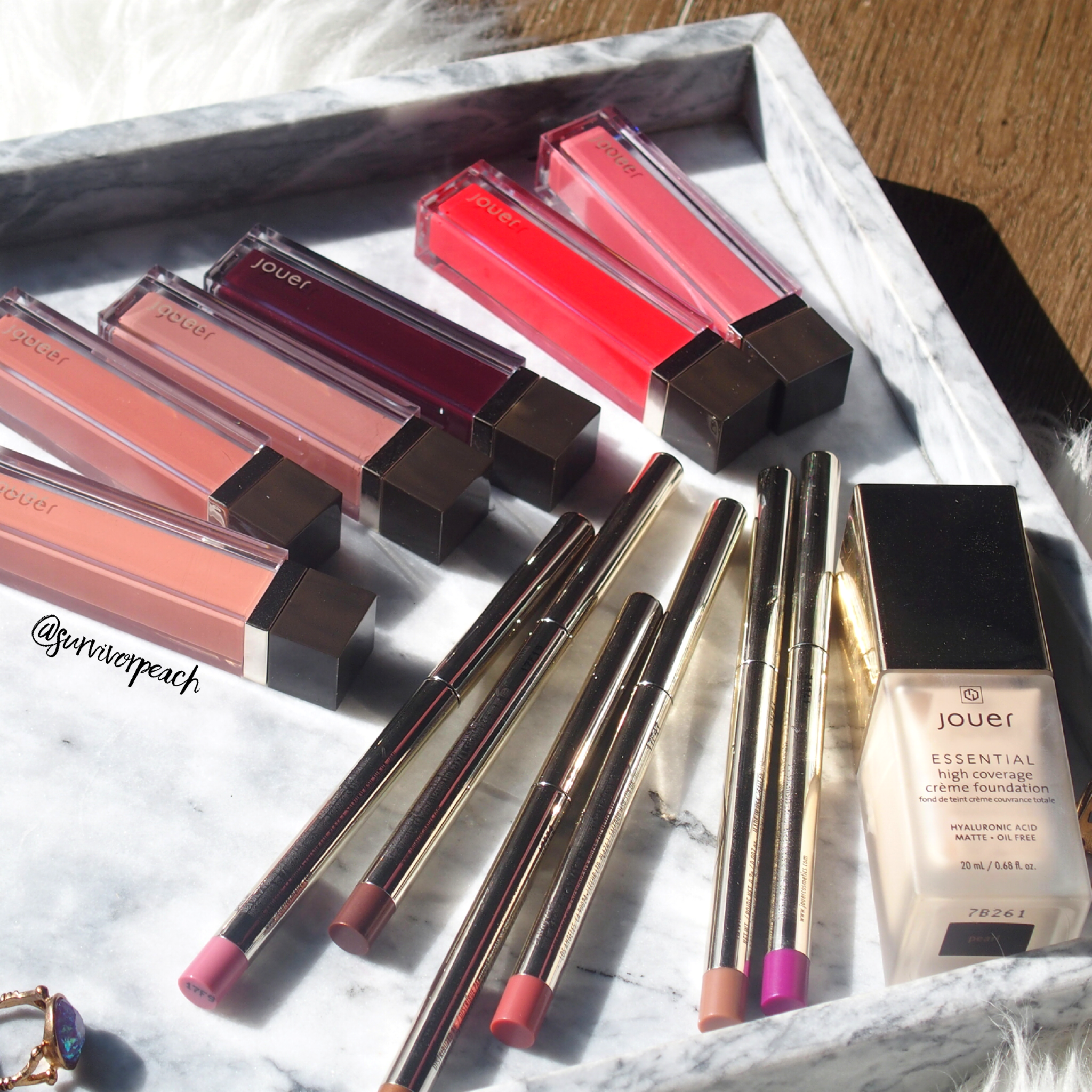 Jouer Sheer Pigment Lipgloss + Long Wear Creme Lip Liners+ Essential High Coverage Creme Foundation review and swatches