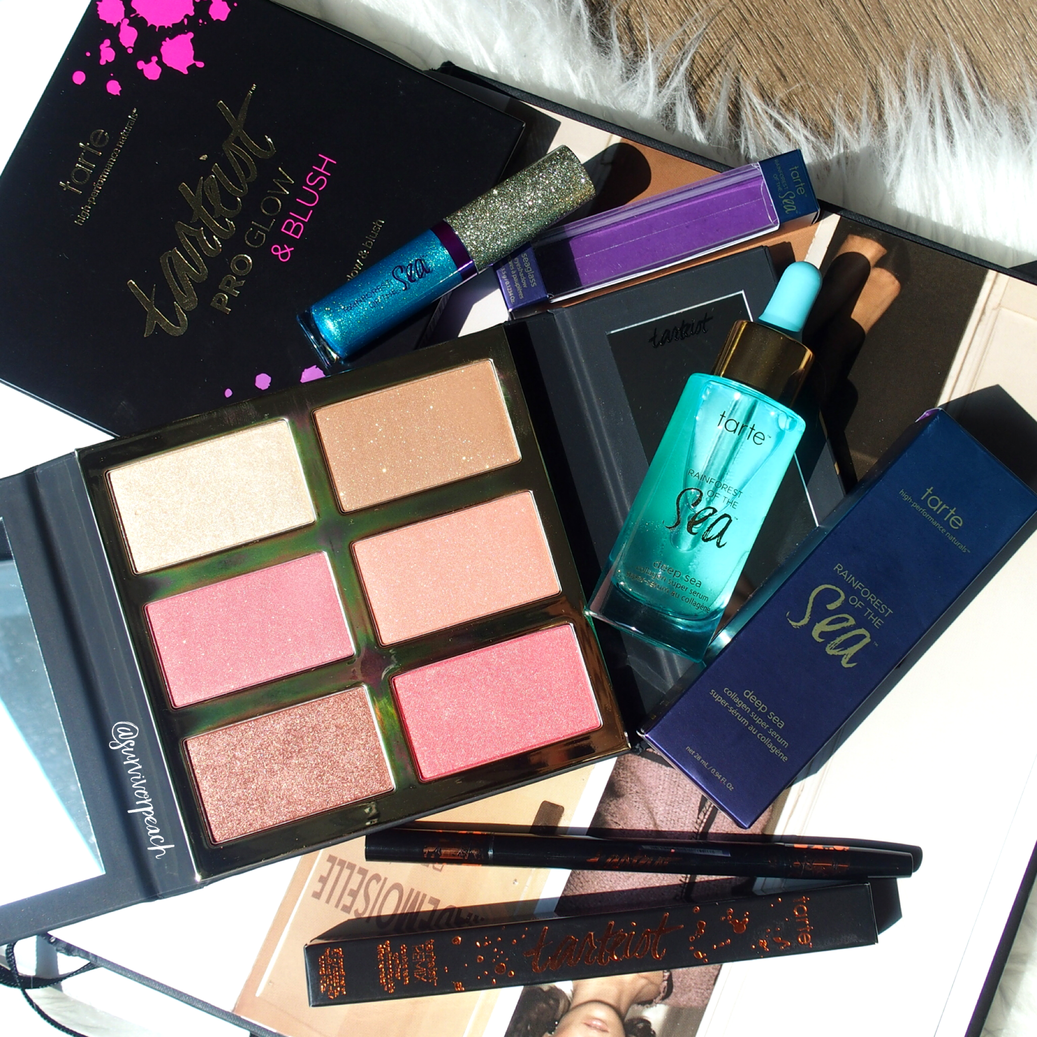 Tarte Rainforest of the Sea™ deep sea collagen super serum, Seaglass eyeshadow, tarteist™ PRO glow &amp; blush
