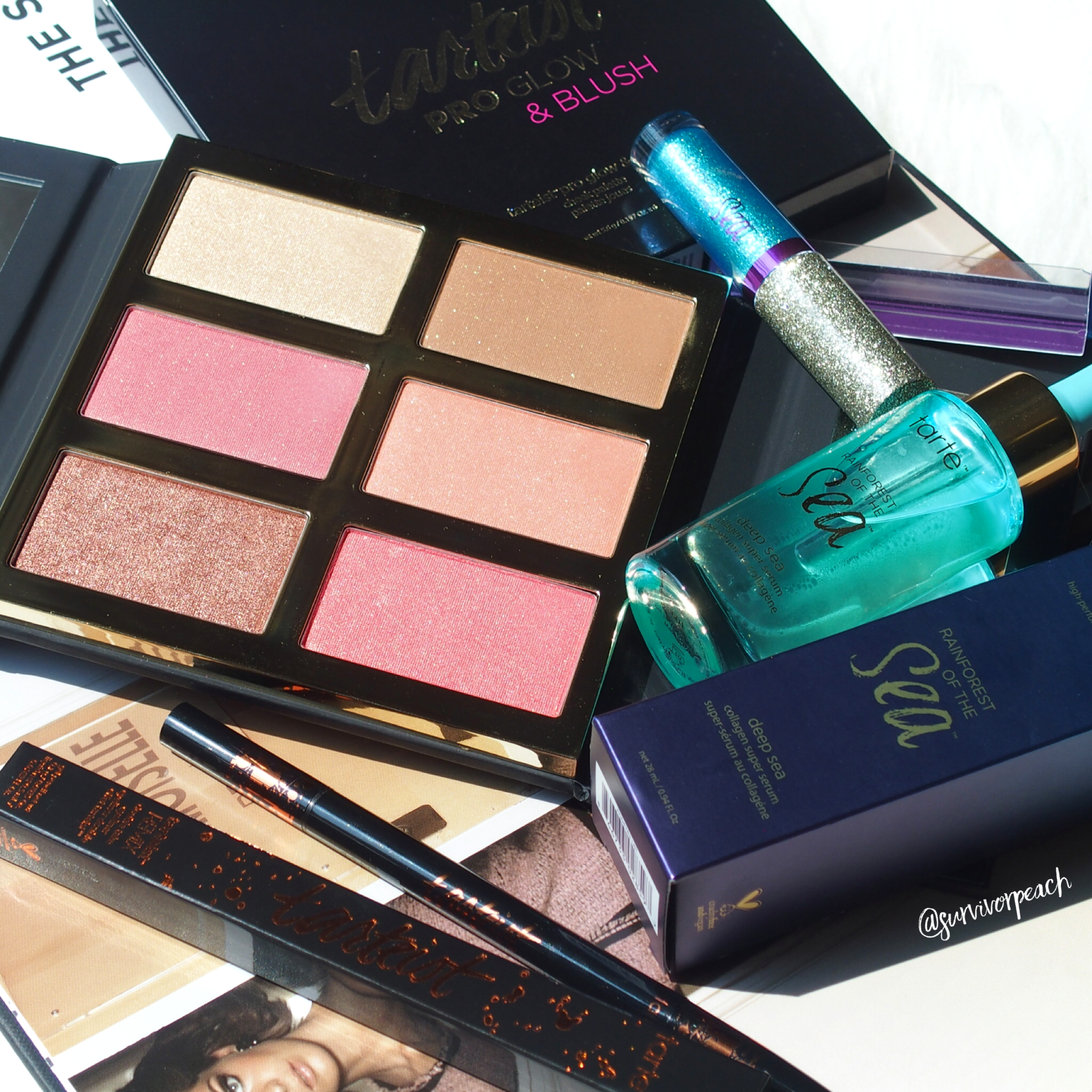 Tarte Rainforest of the Sea™ deep sea collagen super serum, Seaglass eyeshadow, tarteist™ PRO glow &amp; blush