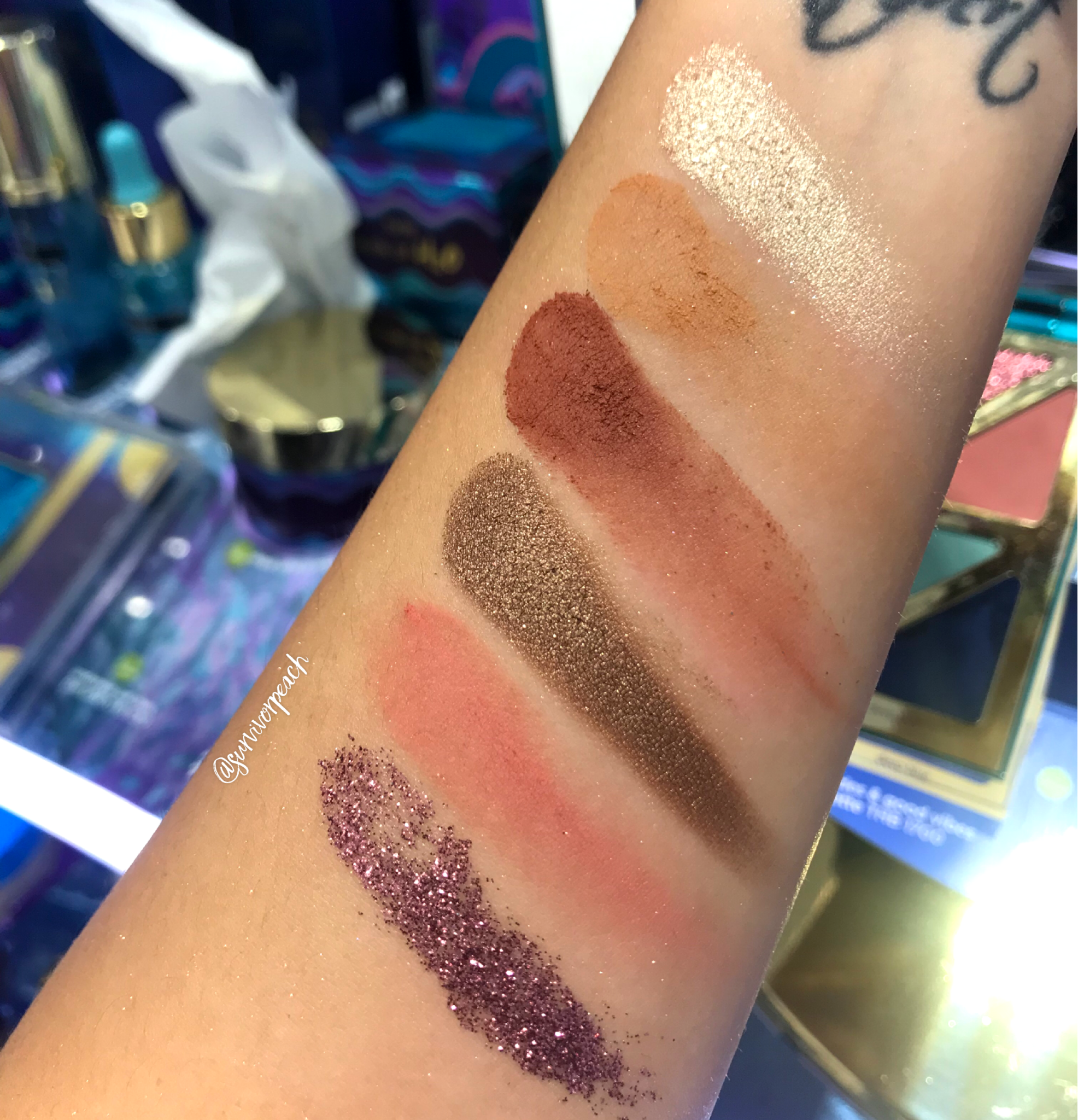 Swatches of the Tarte Rainforest of the Sea™ high tides &amp; good vibes eyeshadow palette