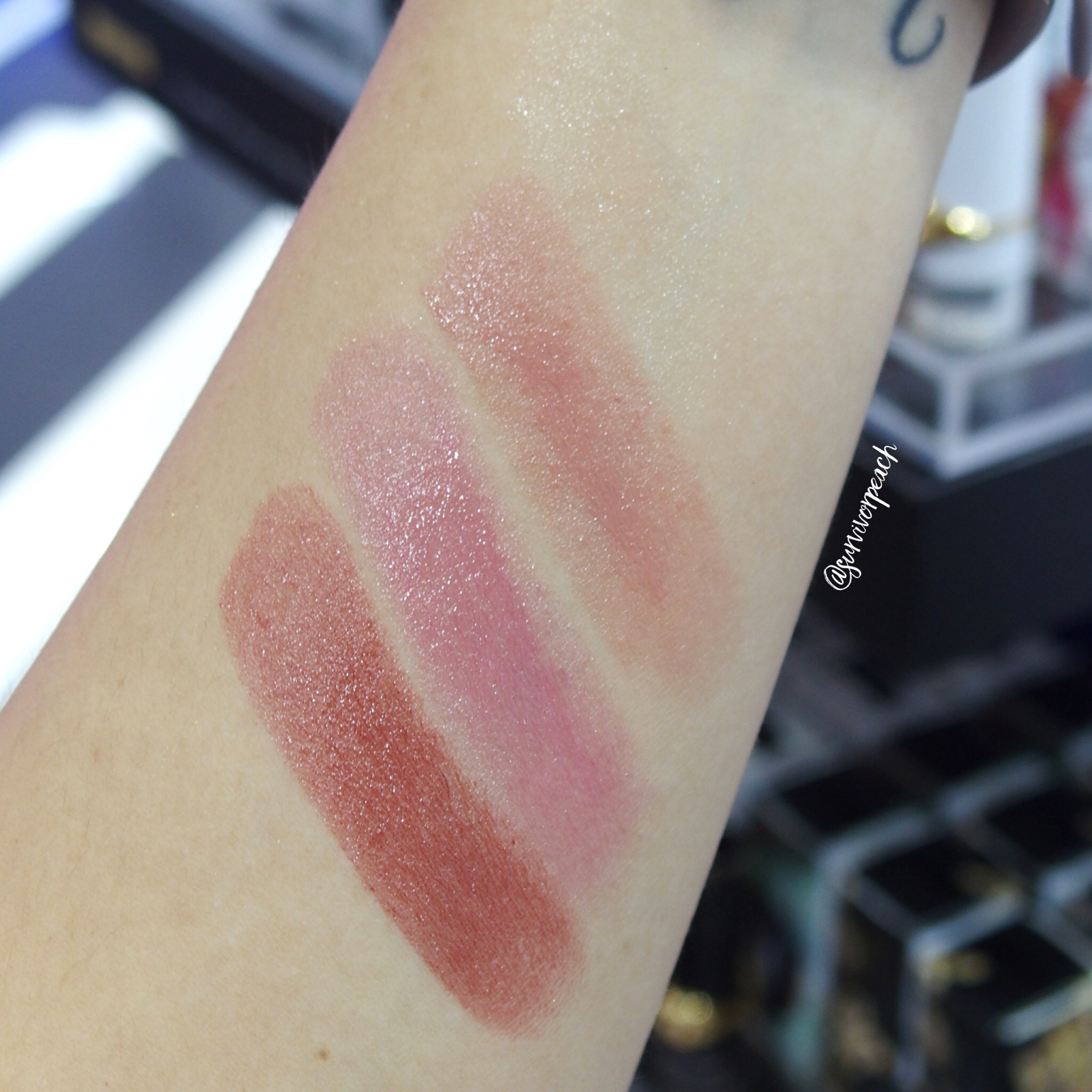Swatches of the Pat McGrath Lip Fetish Lip Balm: Clear, Blowup, Love Supreme, Flesh 3