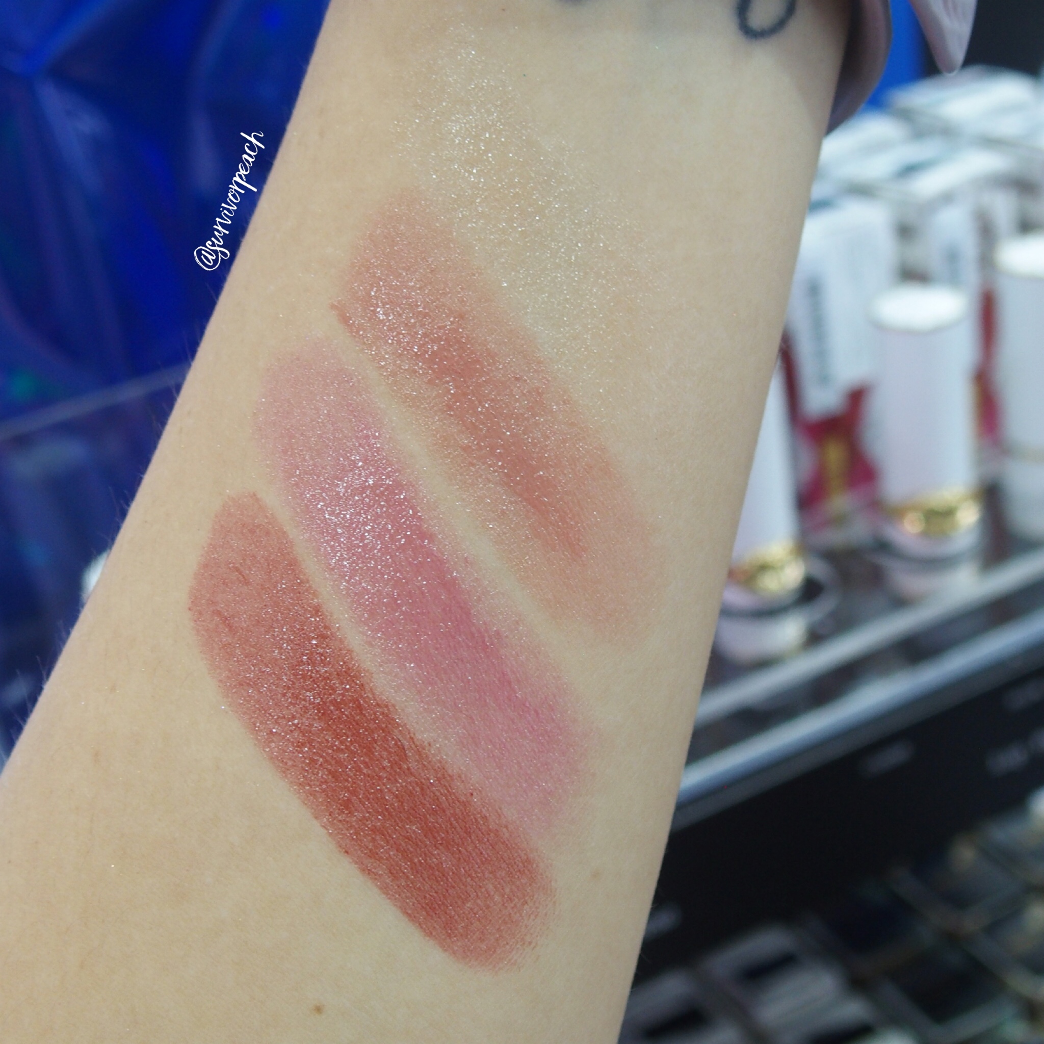 Swatches of the Pat McGrath Lip Fetish Lip Balm: Clear, Blowup, Love Supreme, Flesh 3