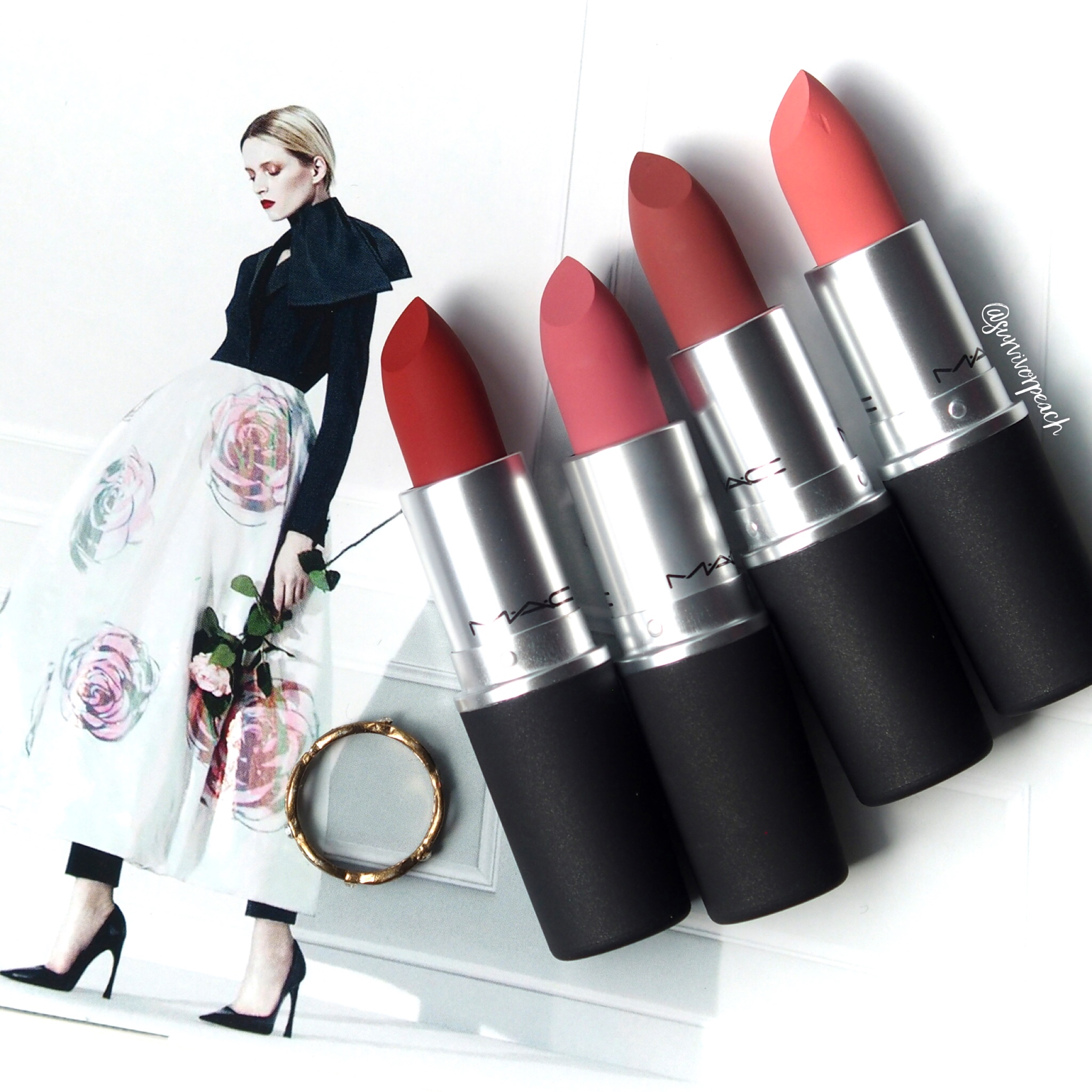 Mac Powder KISS Lipsticks - (from right to left) Scattered Petals, Devoted to Chlli, Sultry Move, Sultriness