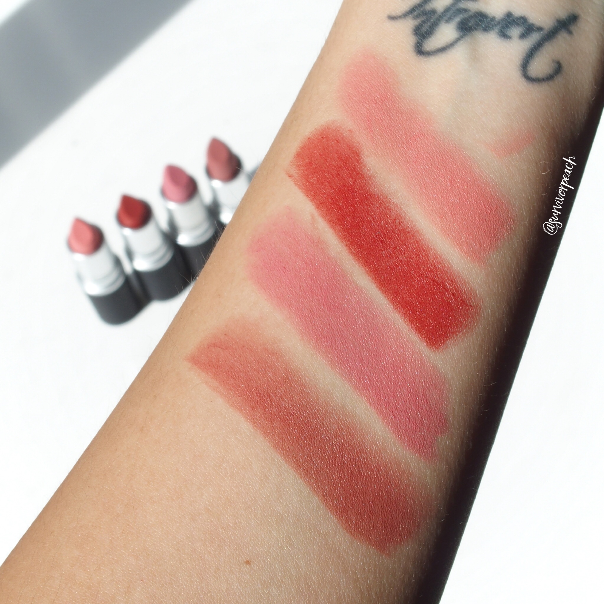 Mac Powder KISS Lipsticks swatches - Scattered Petals, Devoted to Chlli, Sultry Move, Sultriness