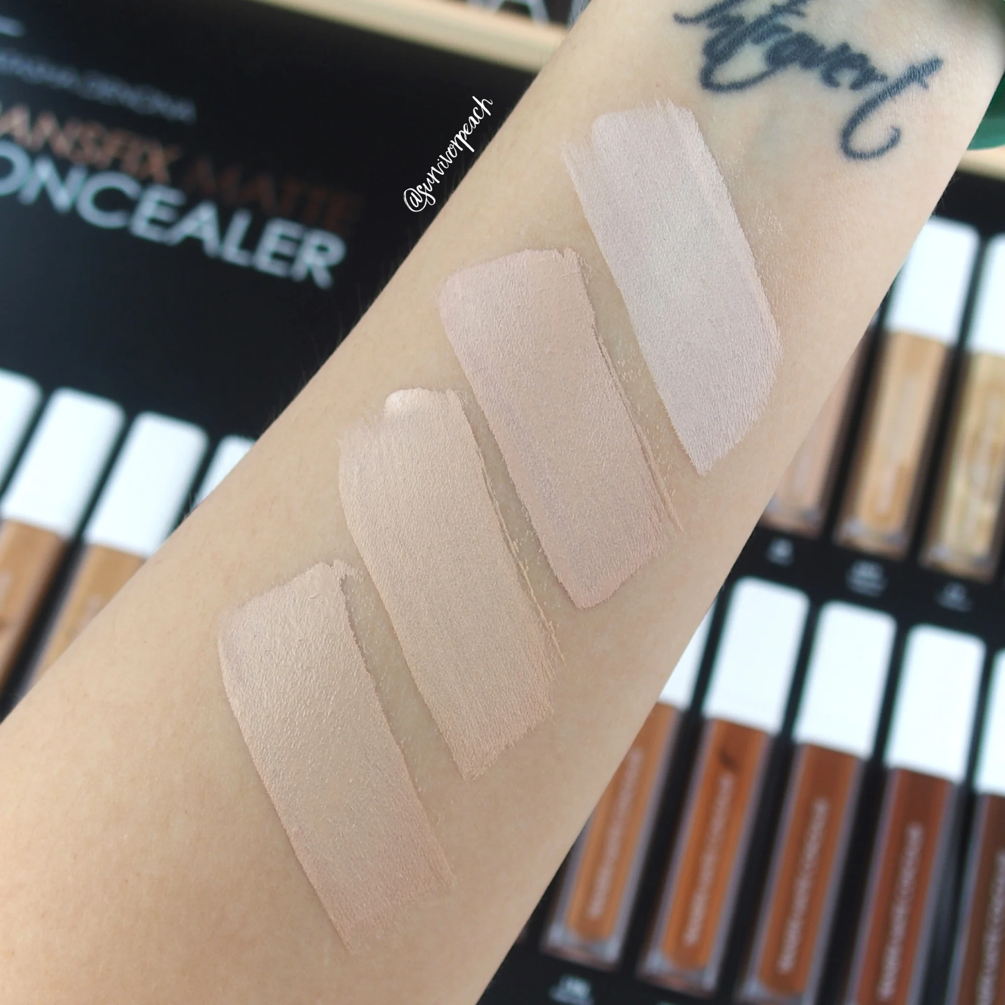 Natasha Denona Transfix Matte Concealer swatches - 1N Neutral, 2R Red, 3W Warm, 4N Neutral