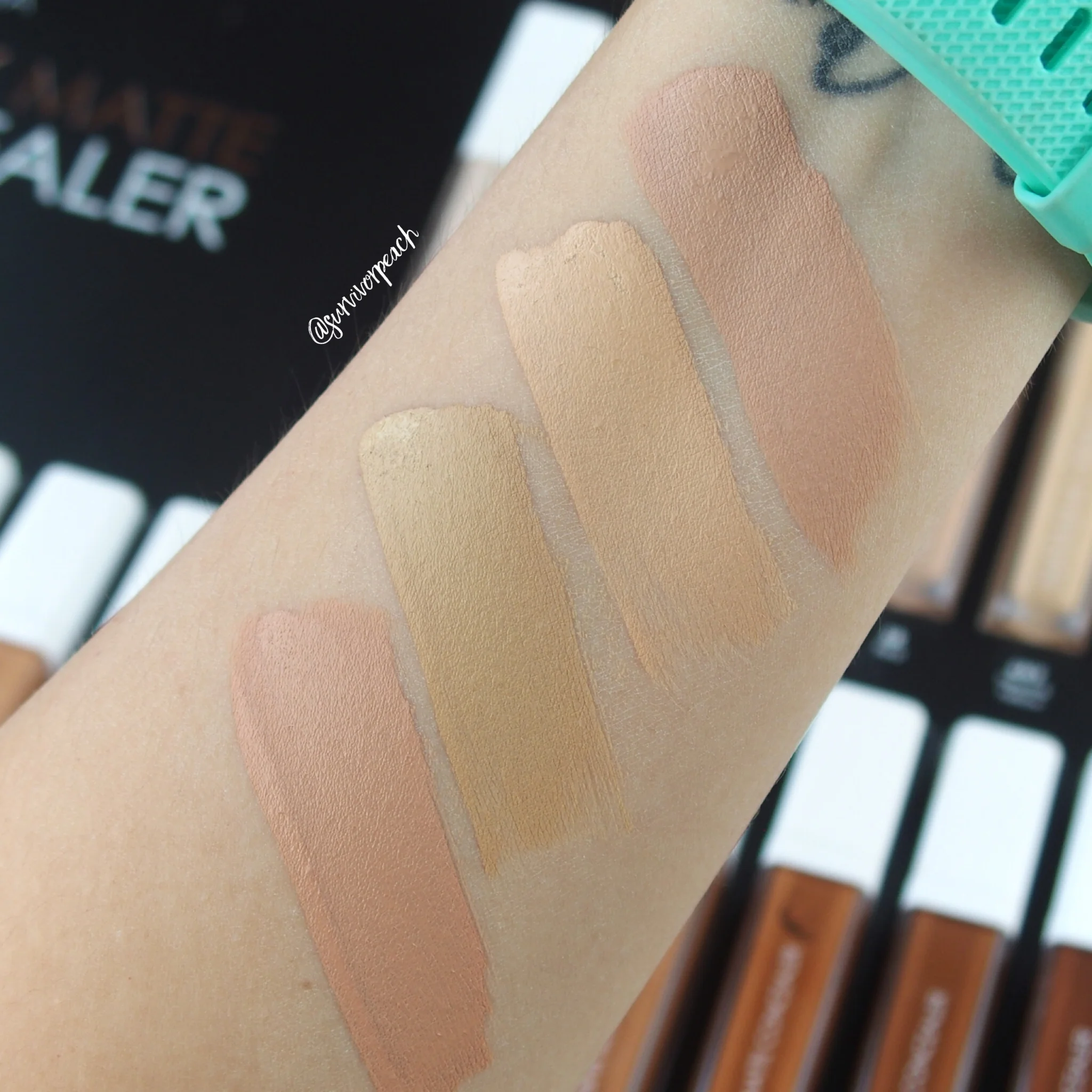 Natasha Denona Transfix Matte Concealer swatches- 5R Red, 6 NY Neutral Yellow, 7Y Yellow, 8R Red