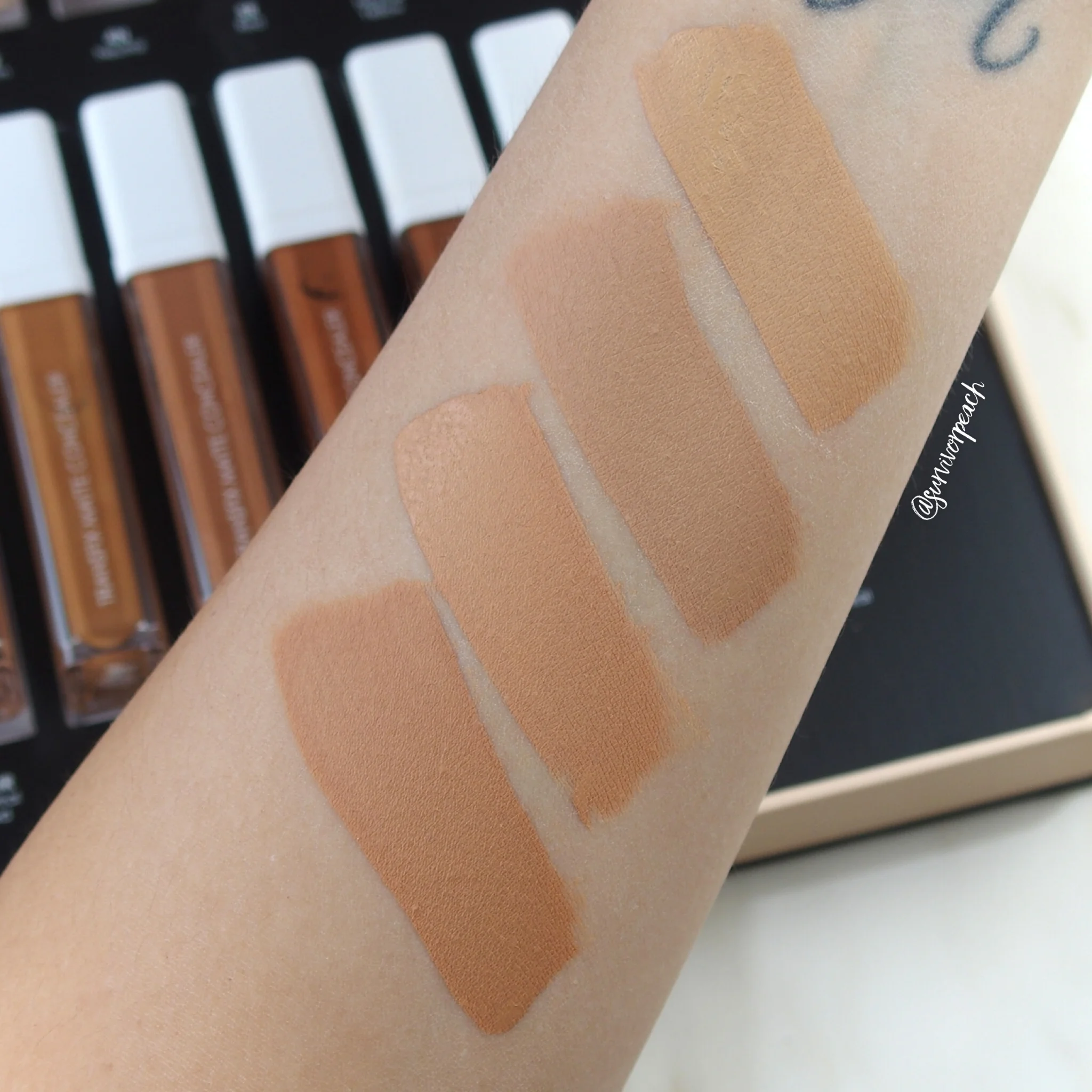 Natasha Denona Transfix Matte Concealer swatches- 9WY Warm Yellow, 10 N Neutral, 11W Warm, 12W Warm