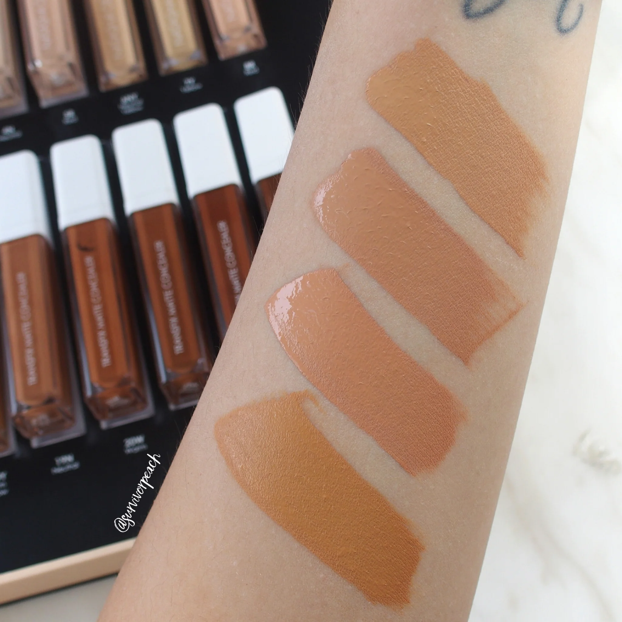 Natasha Denona Transfix Matte Concealer swatches - 13NW Neutral Warm, 14 NW Neutral Warm, 15R Red, 16WY Warm Yellow