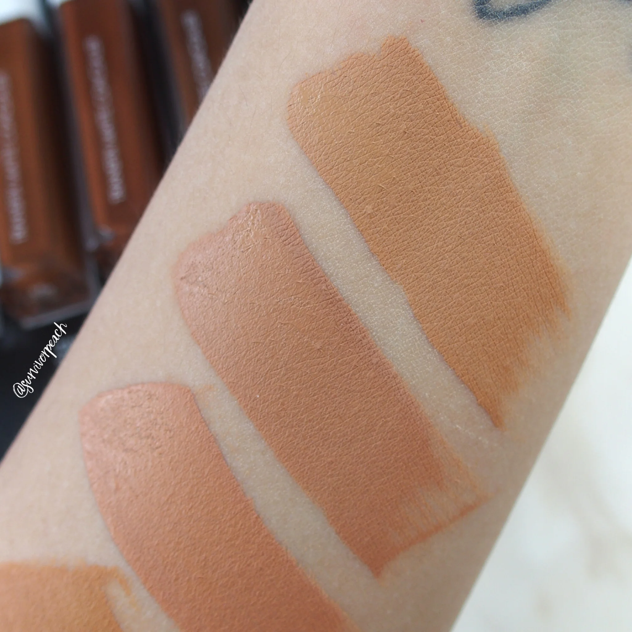 Natasha Denona Transfix Matte Concealer swatches - 13NW Neutral Warm, 14 NW Neutral Warm, 15R Red