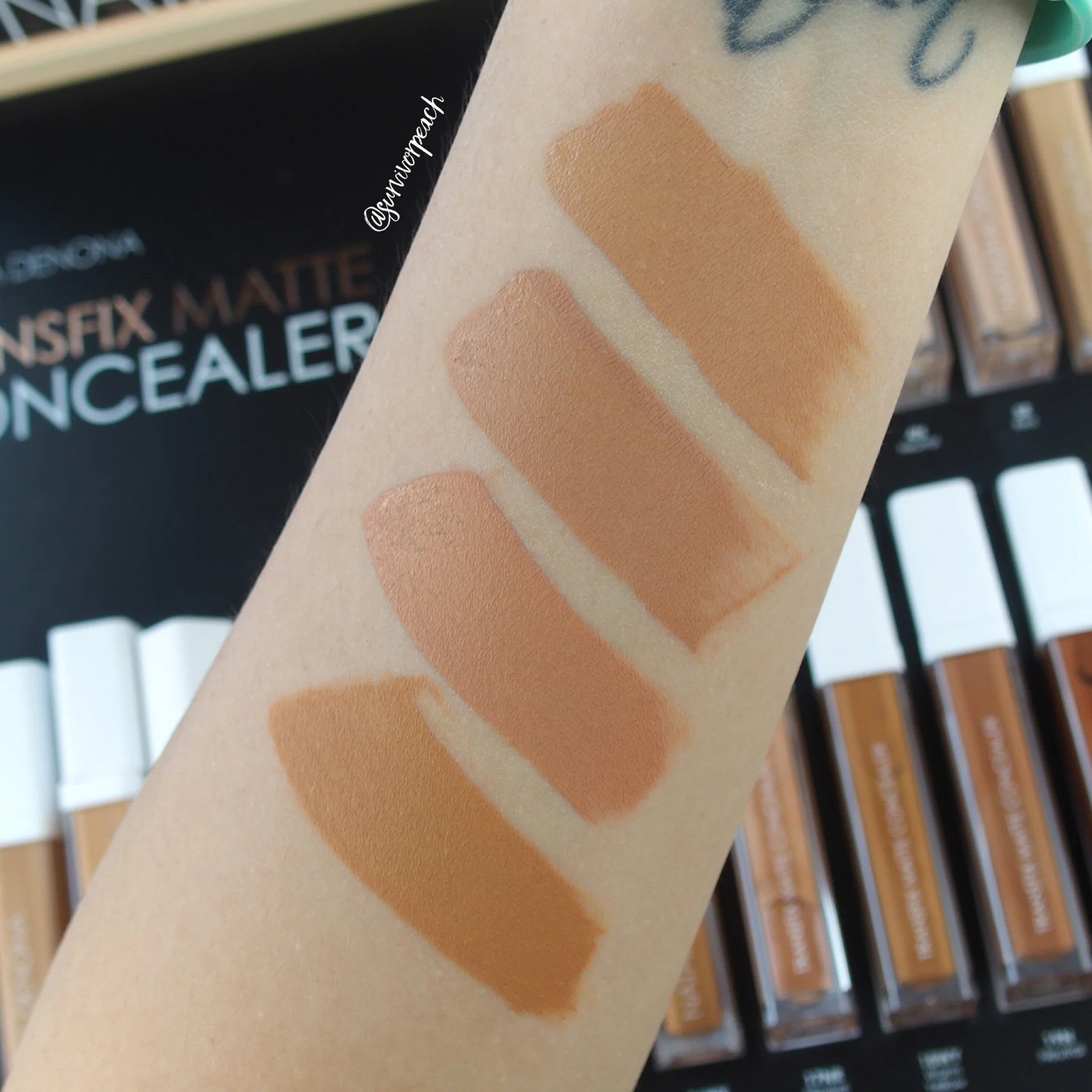Natasha Denona Transfix Matte Concealer swatches - 13NW Neutral Warm, 14 NW Neutral Warm, 15R Red, 16WY Warm Yellow