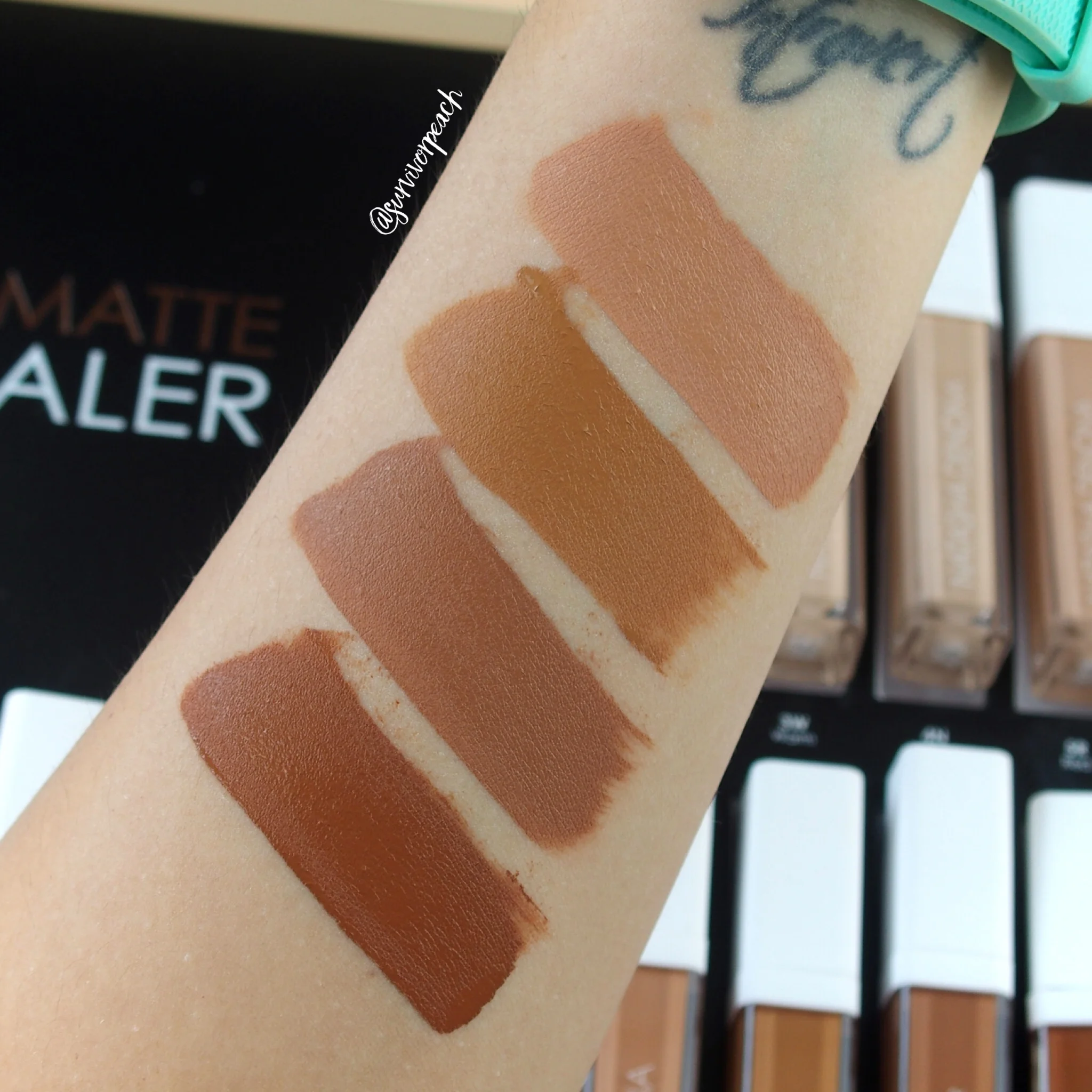 Natasha Denona Transfix Matte Concealer swatches - 17NR Neutral Red, 18WY Warm Yellow, 19N Neutral, 20W Warm