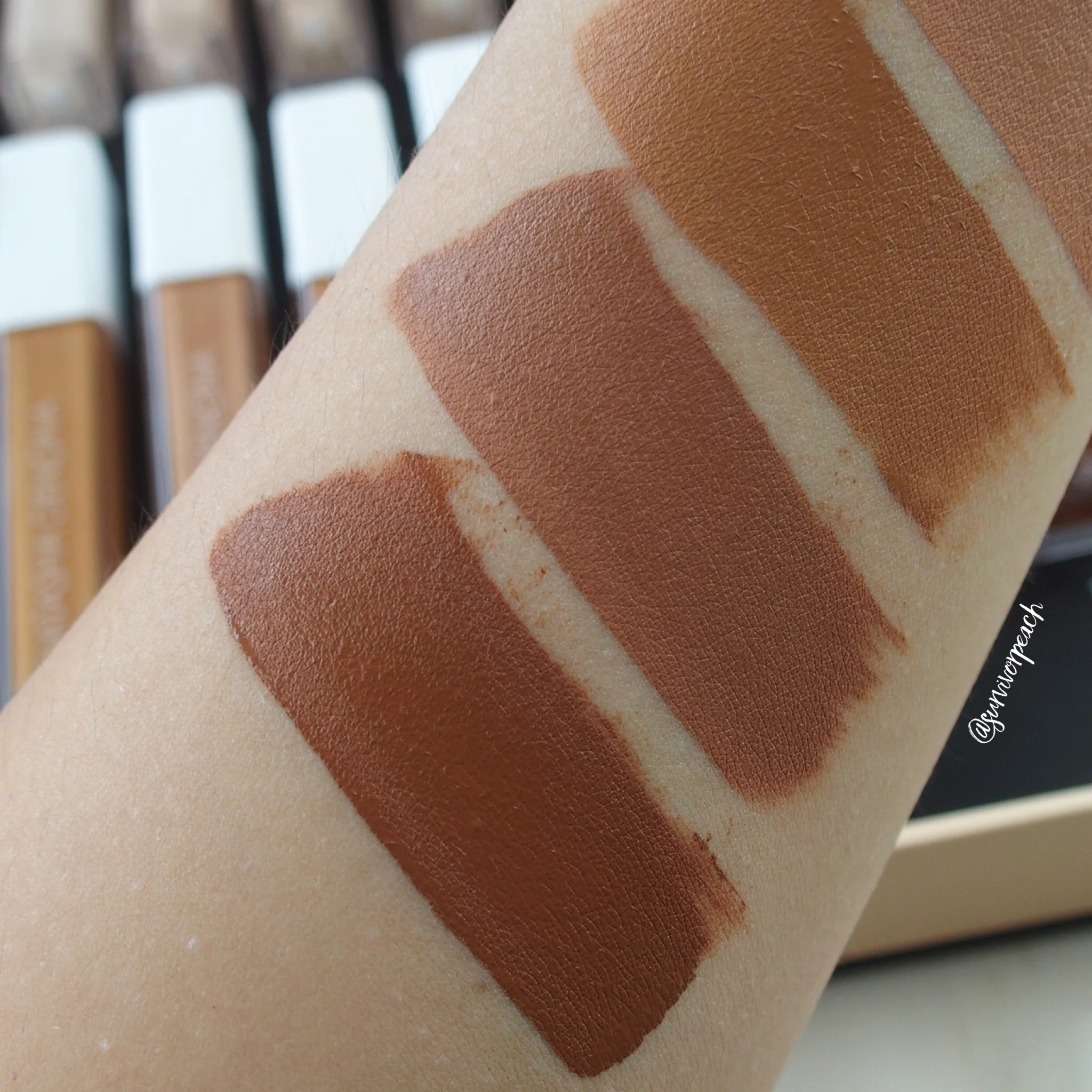 Natasha Denona Transfix Matte Concealer swatches - 18WY Warm Yellow, 19N Neutral, 20W Warm