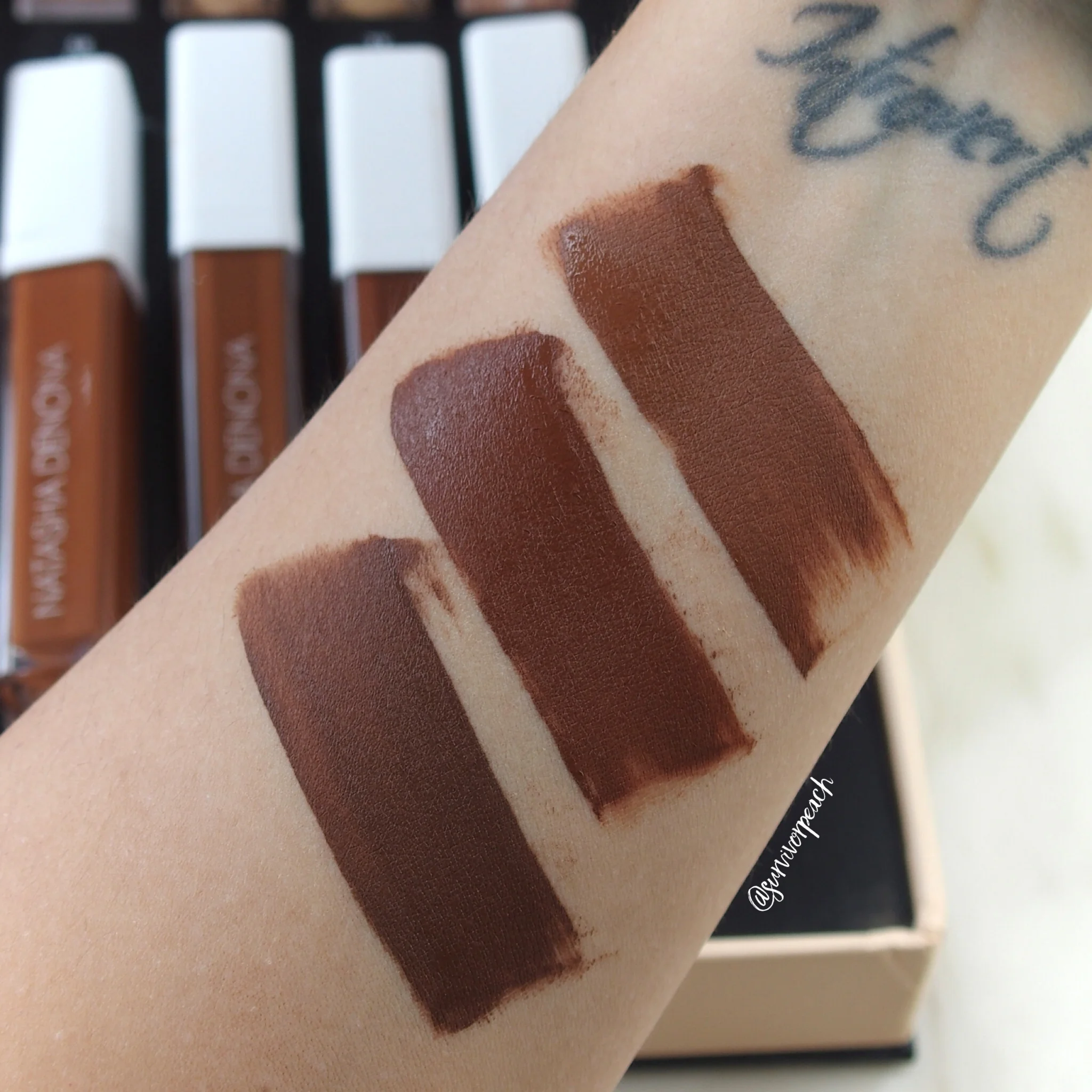 Natasha Denona Transfix Matte Concealer swatches - 31W Warm, 22R Red, 23N Neutral