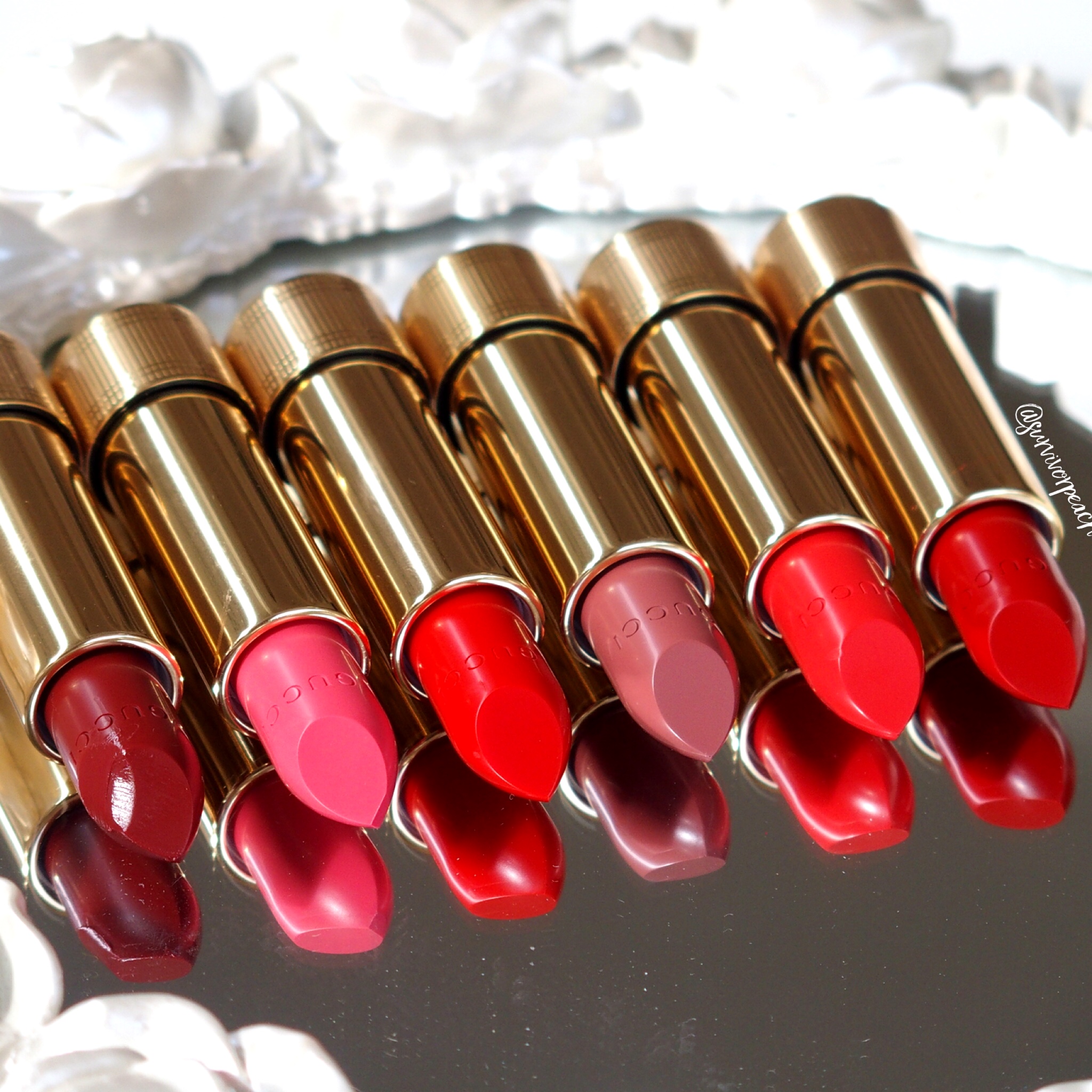 Gucci Baume à Lèvres Lip Balm 4 Penelope Plum, 2 No More Orchids, Rouge à Lèvres Voile Lipstick 302 Agatha Orange, Rouge à Lèvres Satin Lipstick 200 Blaze of Noon, 300 Sadie Firelight, 501 Constance Vermillion