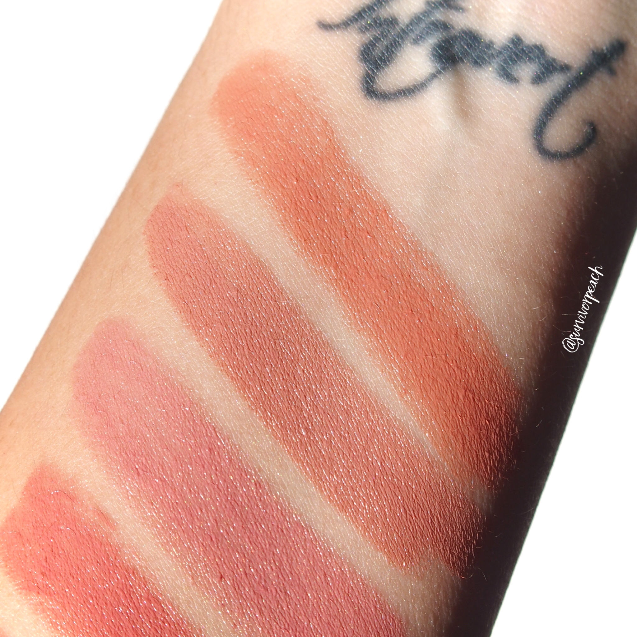 Swatches of the Charlotte Tilbury Hot Lips 2 Refillable - Angel Alessandra, JK Magic, Dancefloor Princess