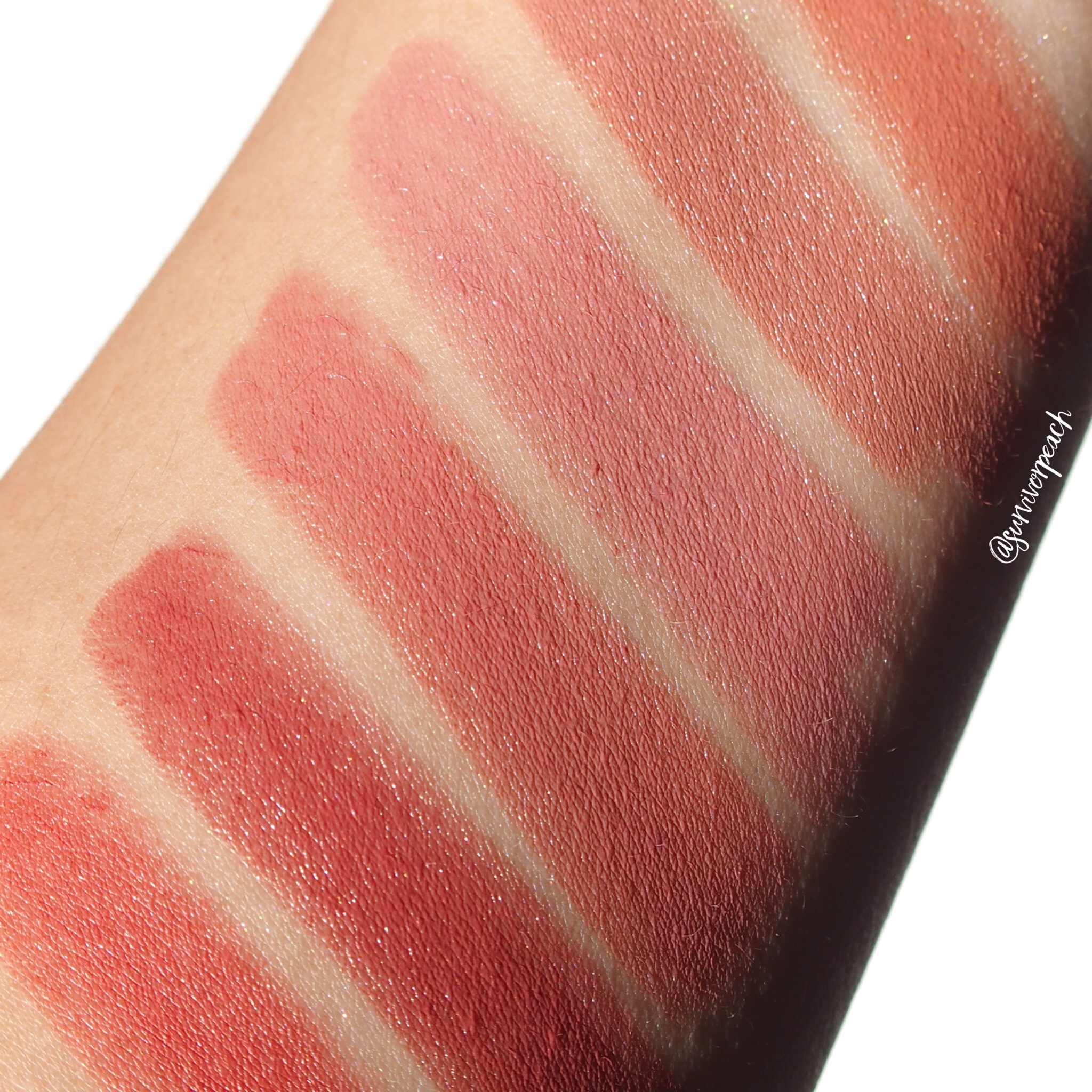 Swatches of the Charlotte Tilbury Hot Lips 2 Refillable - Angel Alessandra, JK Magic, Dancefloor Princess, In Love With Olivia, Glowing Jen, Carina’s Star