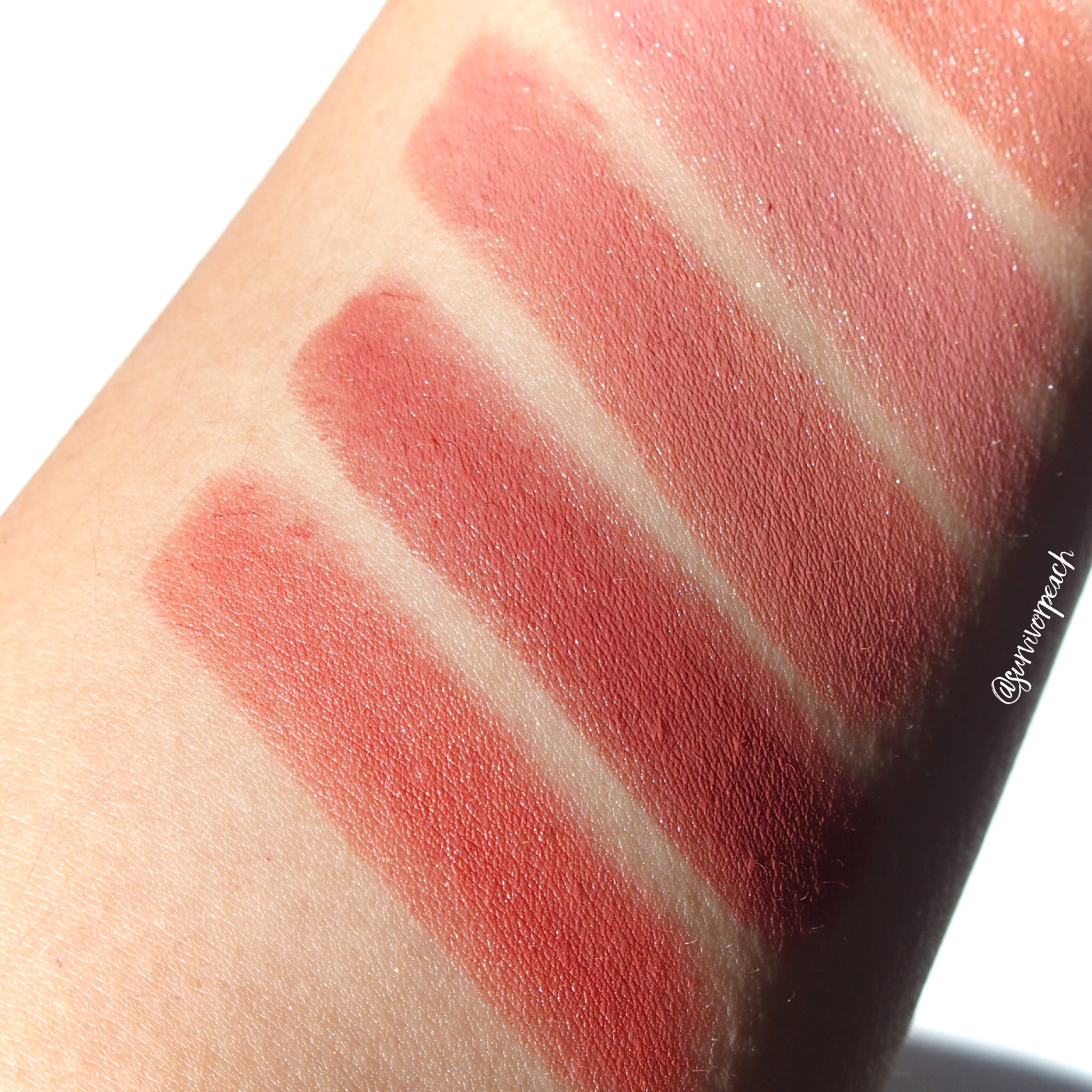 Swatches of the Charlotte Tilbury Hot Lips 2 Refillable - Dancefloor Princess, In Love With Olivia, Glowing Jen, Carina’s Star