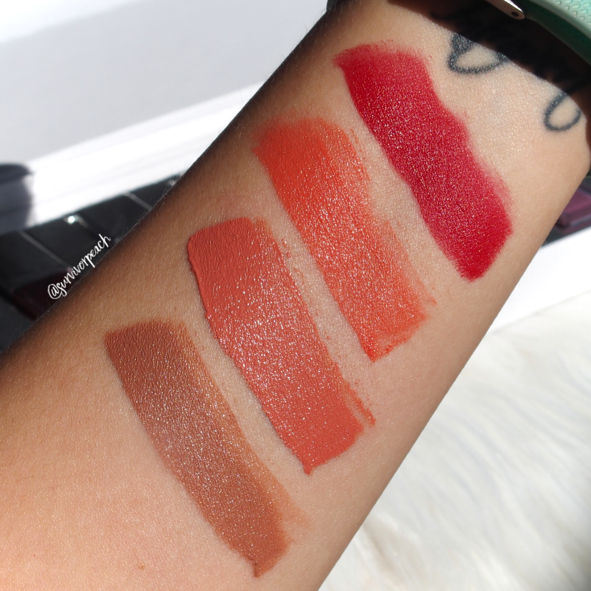 Swatches of the Glitteratics Mattamatic Lip &amp; Cheek Souffle - 01 Hot As F*ck, 02 Peach Yogurt Twist, 03 Back to the Origins, 04 Wear Nothing