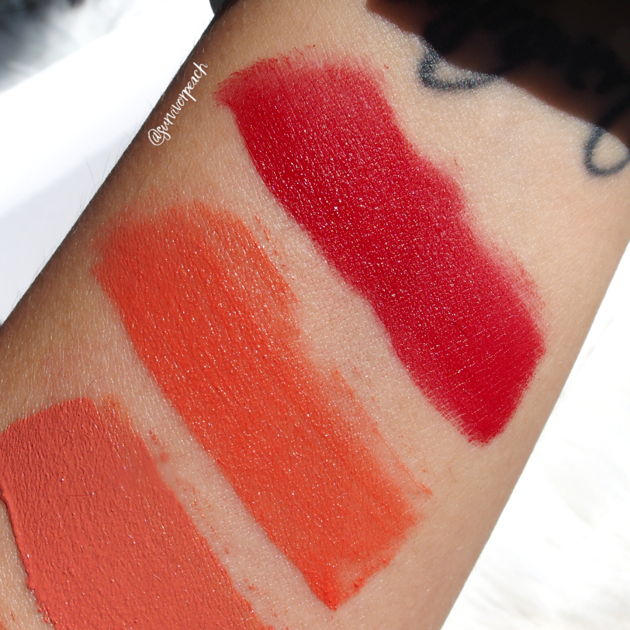 Swatches of the Glitteratics Mattamatic Lip &amp; Cheek Souffle - 01 Hot As F*ck, 02 Peach Yogurt Twist, 03 Back to the Origins
