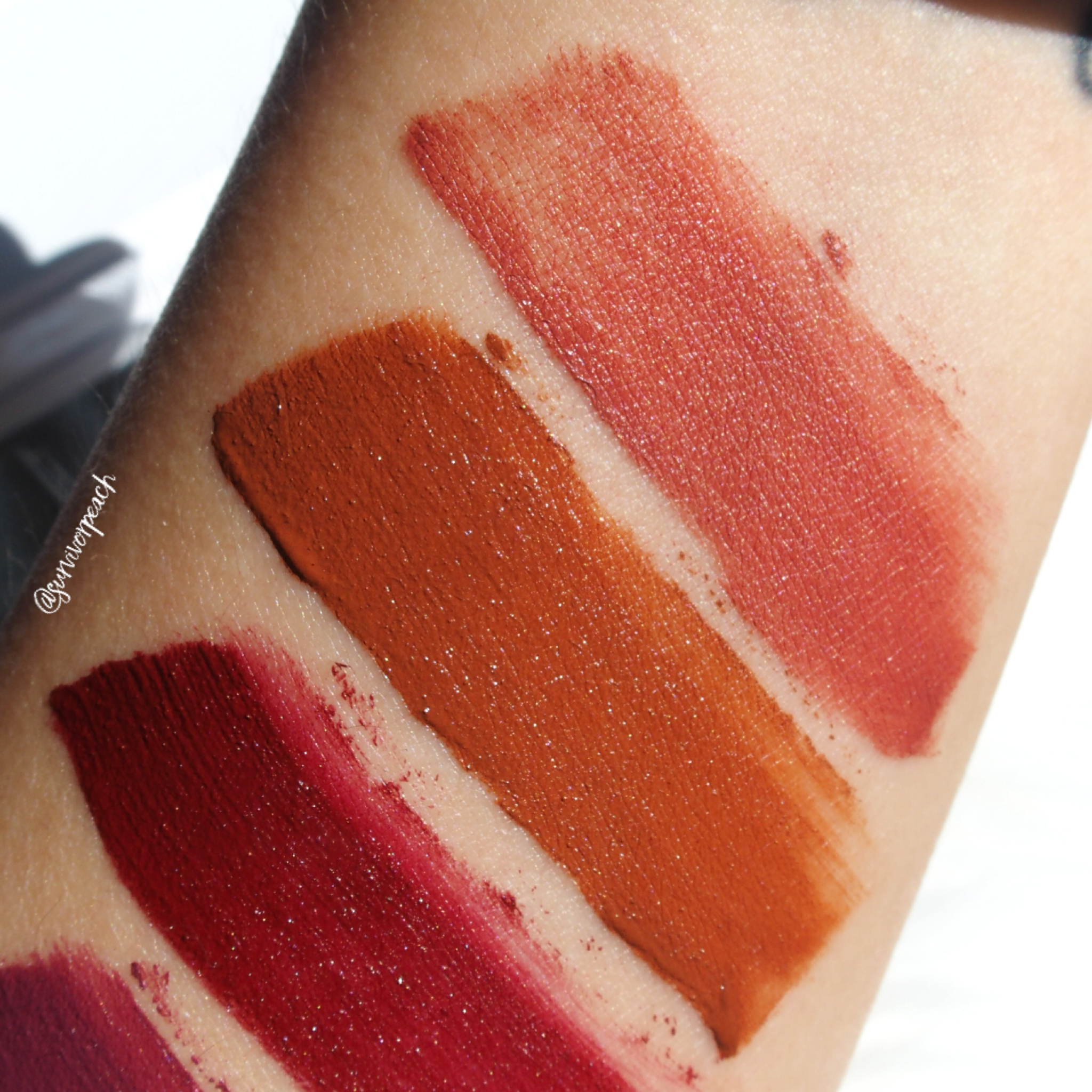 Swatches of the Glitteratics Mattamatic Lip &amp; Cheek Souffle - 05 Barite Sack, 06 Yuccies, 07 Too Hot To Handle