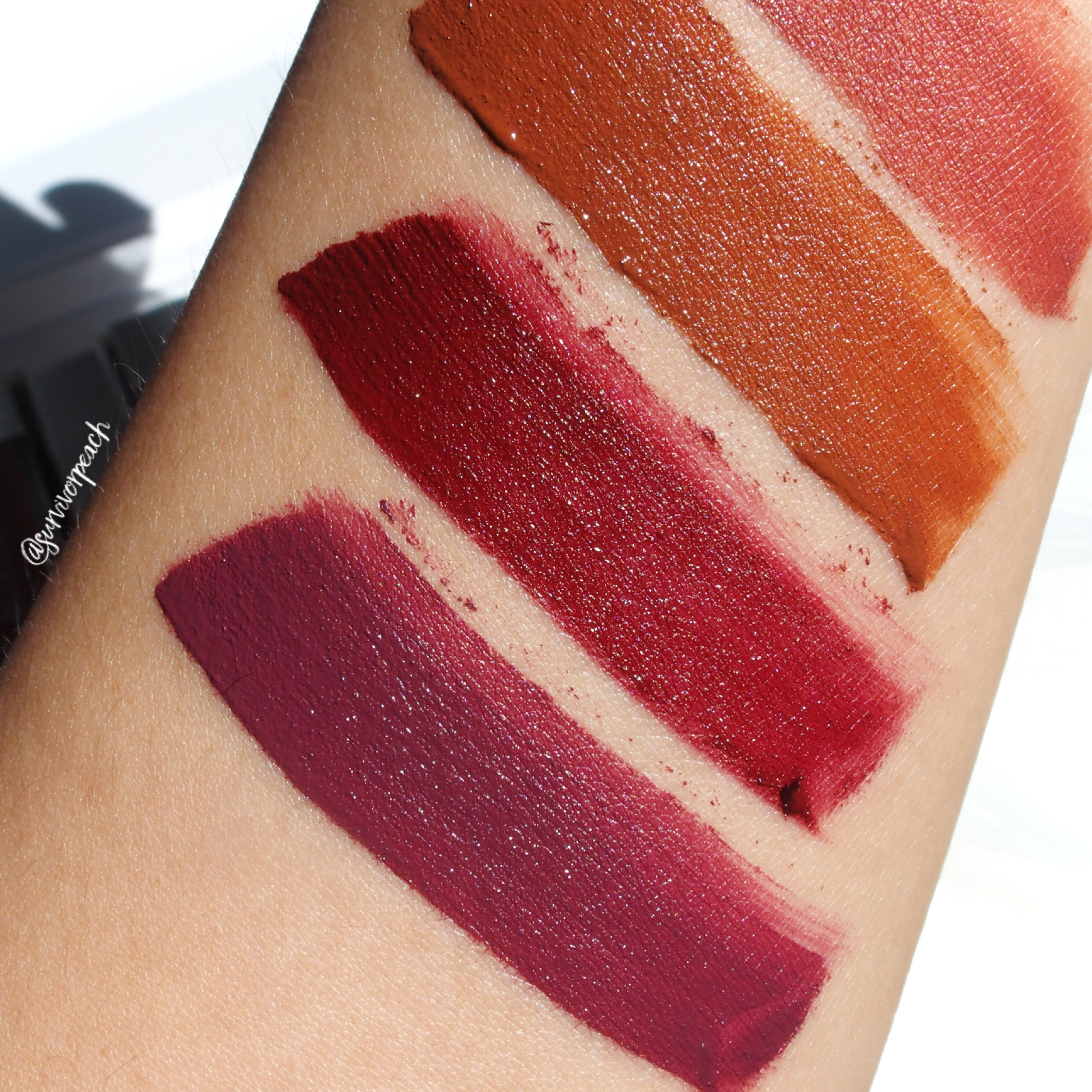 Swatches of the Glitteratics Mattamatic Lip &amp; Cheek Souffle - 06 Yuccies, 07 Too Hot To Handle, 08 Bad Blood
