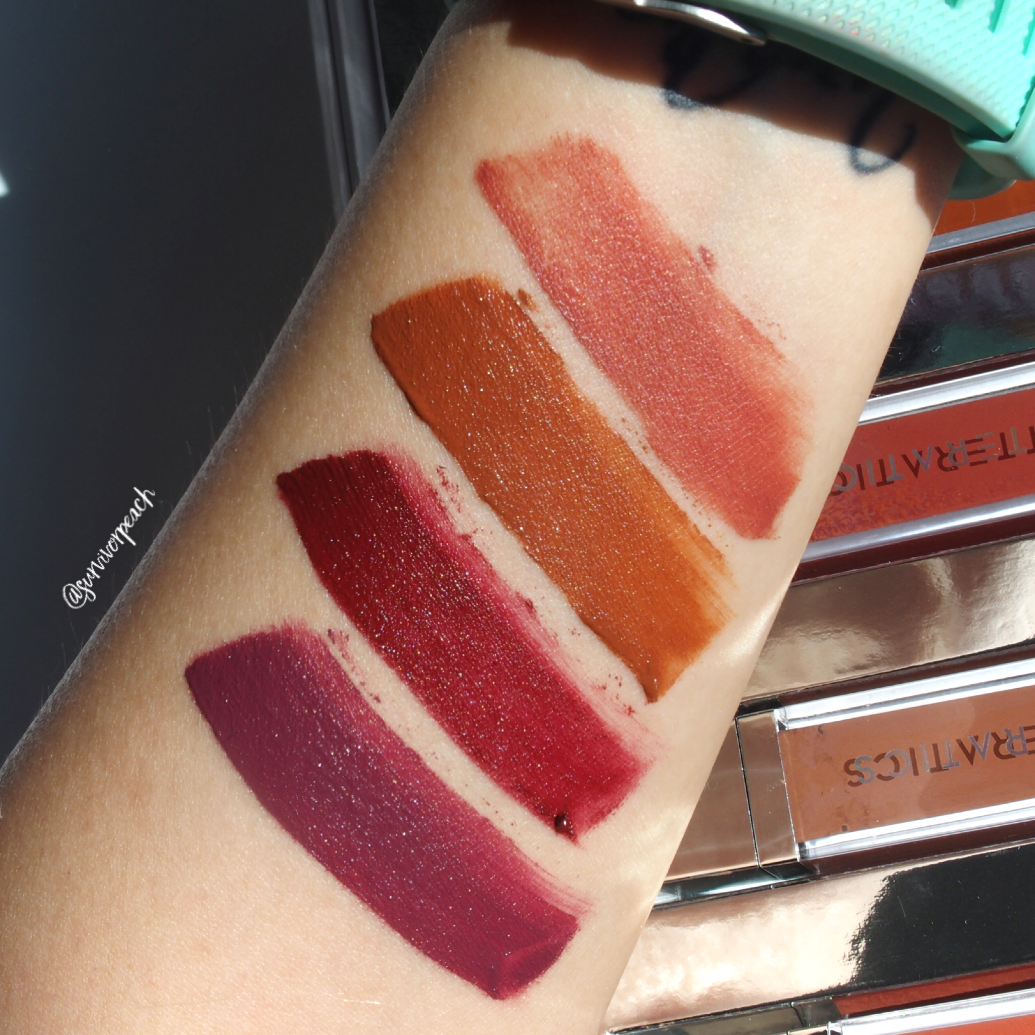 Swatches of the Glitteratics Mattamatic Lip &amp; Cheek Souffle - 05 Barite Sack, 06 Yuccies, 07 Too Hot To Handle, 08 Bad Blood