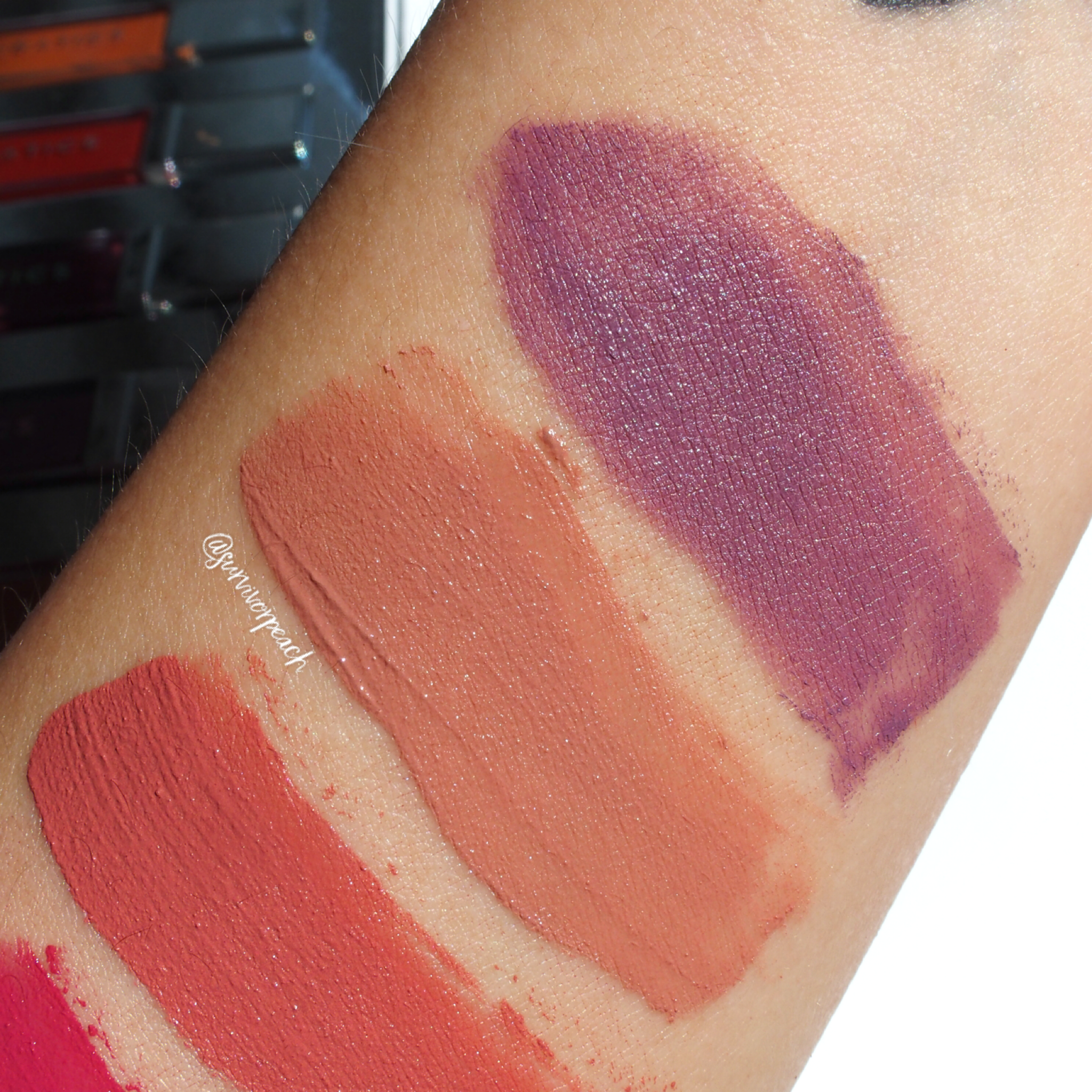 Swatches of the Glitteratics Mattamatic Lip &amp; Cheek Souffle -09 The Fuel, 10 Wooden Rose, 11 Nanniez