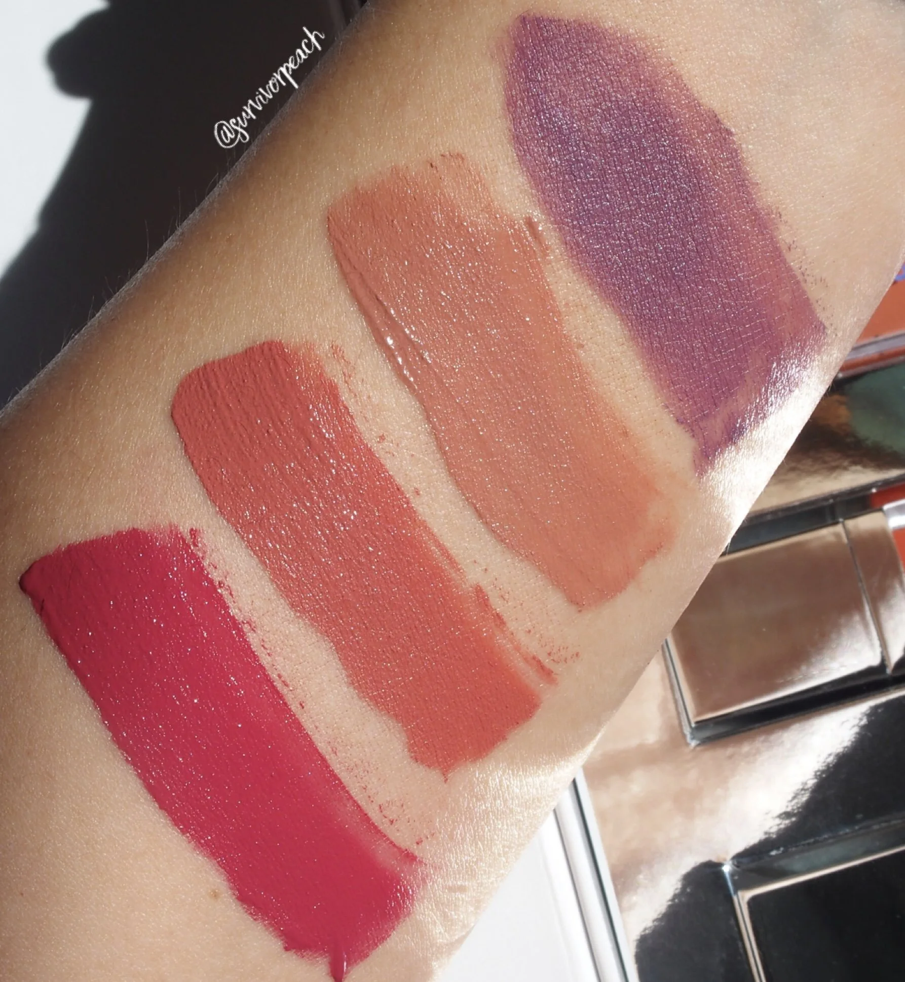 Swatches of the Glitteratics Mattamatic Lip &amp; Cheek Souffle -09 The Fuel, 10 Wooden Rose, 11 Nanniez, 12 Ji7