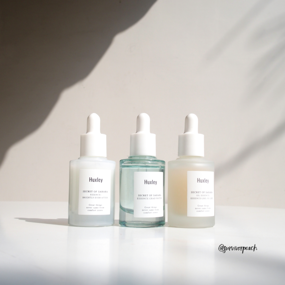 Huxley Secret of Sahara Skincare Review Part 1:  Essence Grab Water,  Essence Like Oil Like,  Brightly Ever After,  Oil Light and More