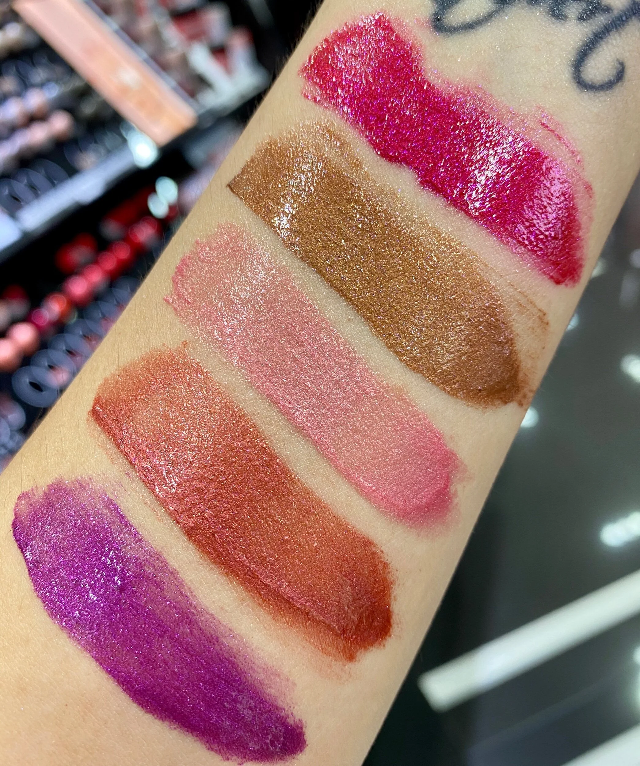 Sephora collection Cream Lip Shine Liquid Lipstick Metals Swatches - 27 Fizzy Fuchsia, 28 Mocha Rush, 29 Rebel Ballerina, 30 Frosty Peach, 31 High On Rose